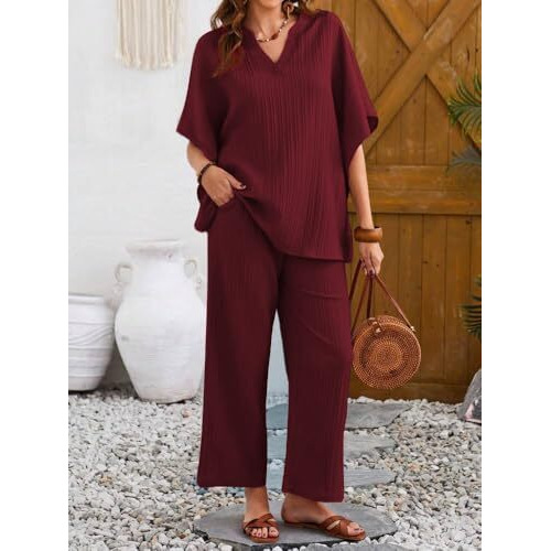 TADKEE Women's Solid Color V-Neck Kaftan Sleeve Co-ord Set for Women | Casual Wear Co ord Set | Kurta Set for Women (FN-Sugar-Cord-121-Maroon-XL)