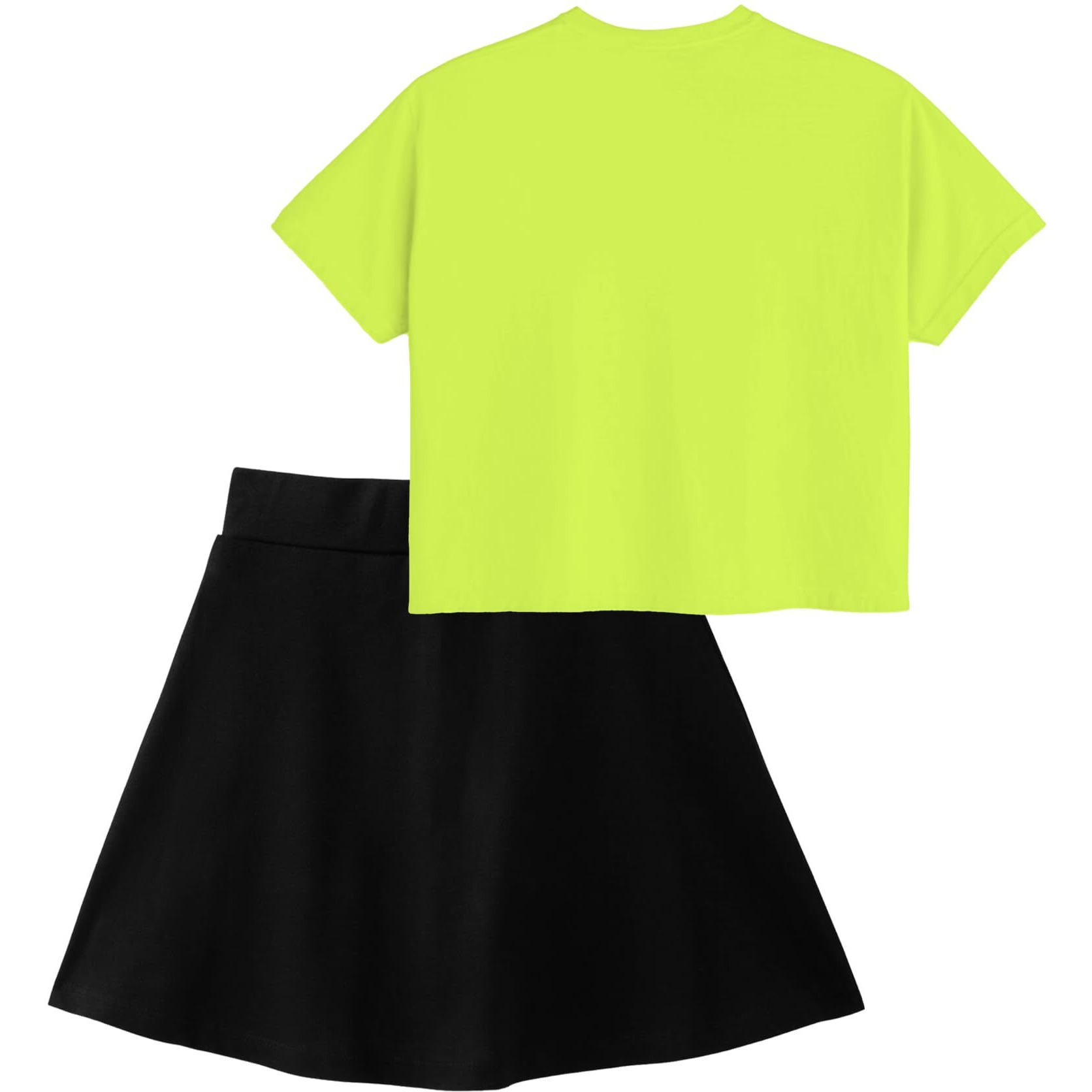 KYDA KIDS100% Pure Cotton Girls Printed Crop Top and Skirt with Attached Inner shorts Co-ords Set in Neon Green & Black (Pack of 1)