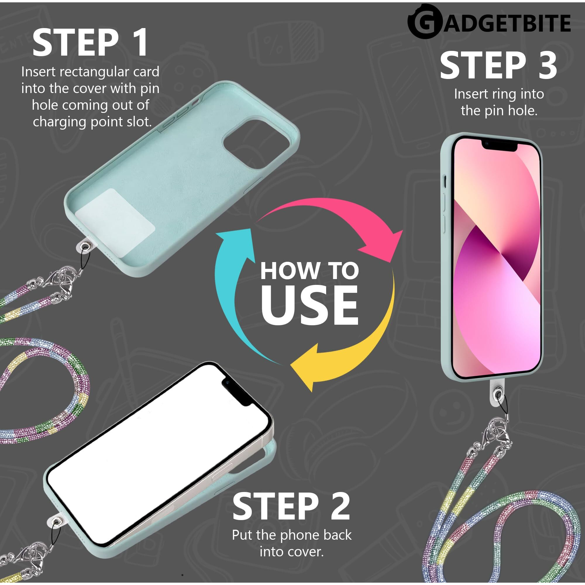 GadgetBite Diamond Charm Phone Lanyard - Cross body lanyard, Mobile Holder Strap, Hands-Free Neck Hanging Chain Accessory, Compatible with iPhone & Most Smartphones, Charms for Phone Case.(Rainbow)