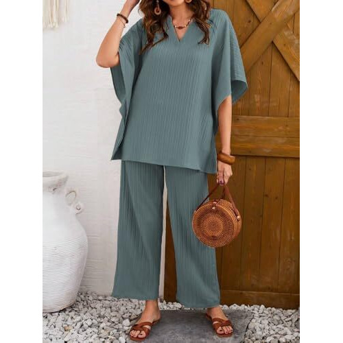 TADKEE Women's Solid Color V-Neck Kaftan Sleeve Co-ord Set for Women | Casual Wear Co ord Set | Kurta Set for Women (FN-Sugar-Cord-121-Green-XL)