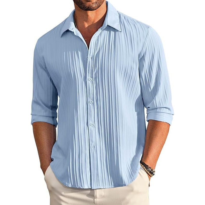 CB-COLEBROOK Men's Casual Button Down Shirts Long Sleeve Linen Shirt Fashion Textured Beach Summer Shirt (in, Alpha, 2XL, Regular, Light Blue)