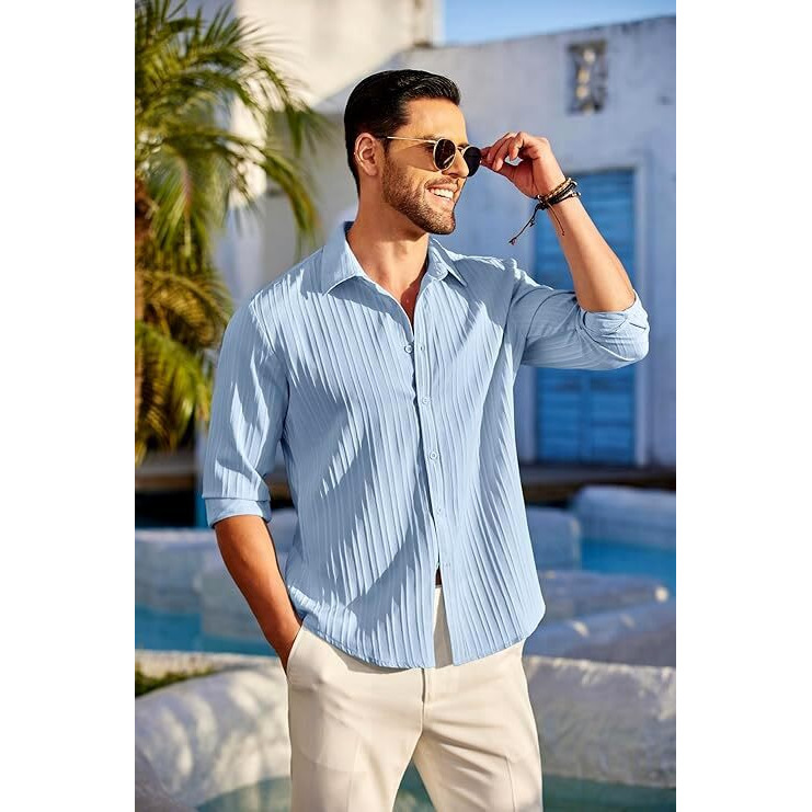 CB-COLEBROOK Men's Casual Button Down Shirts Long Sleeve Linen Shirt Fashion Textured Beach Summer Shirt (in, Alpha, 2XL, Regular, Light Blue)