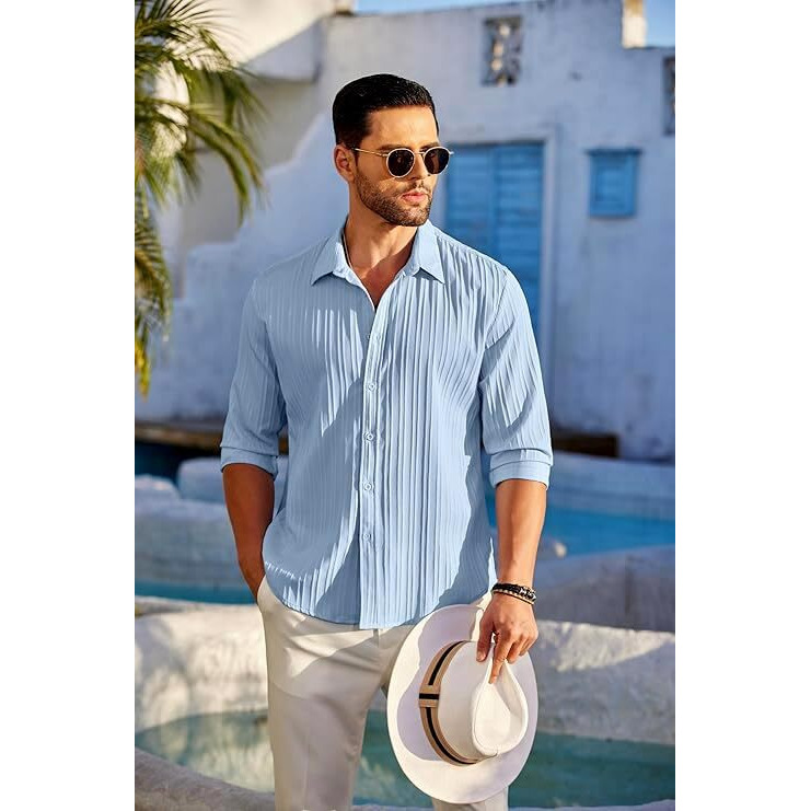 CB-COLEBROOK Men's Casual Button Down Shirts Long Sleeve Linen Shirt Fashion Textured Beach Summer Shirt (in, Alpha, 2XL, Regular, Light Blue)
