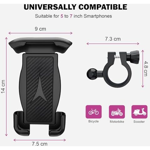 HUMBLE Mobile Holder for Bikes & Bicycles, 360 Rotation, Multi-Sided Silicone Padded Clamps, with One Click Clasps Lock, Suitable for 5 to 7 Inches Smartphones(BK-050) - Black