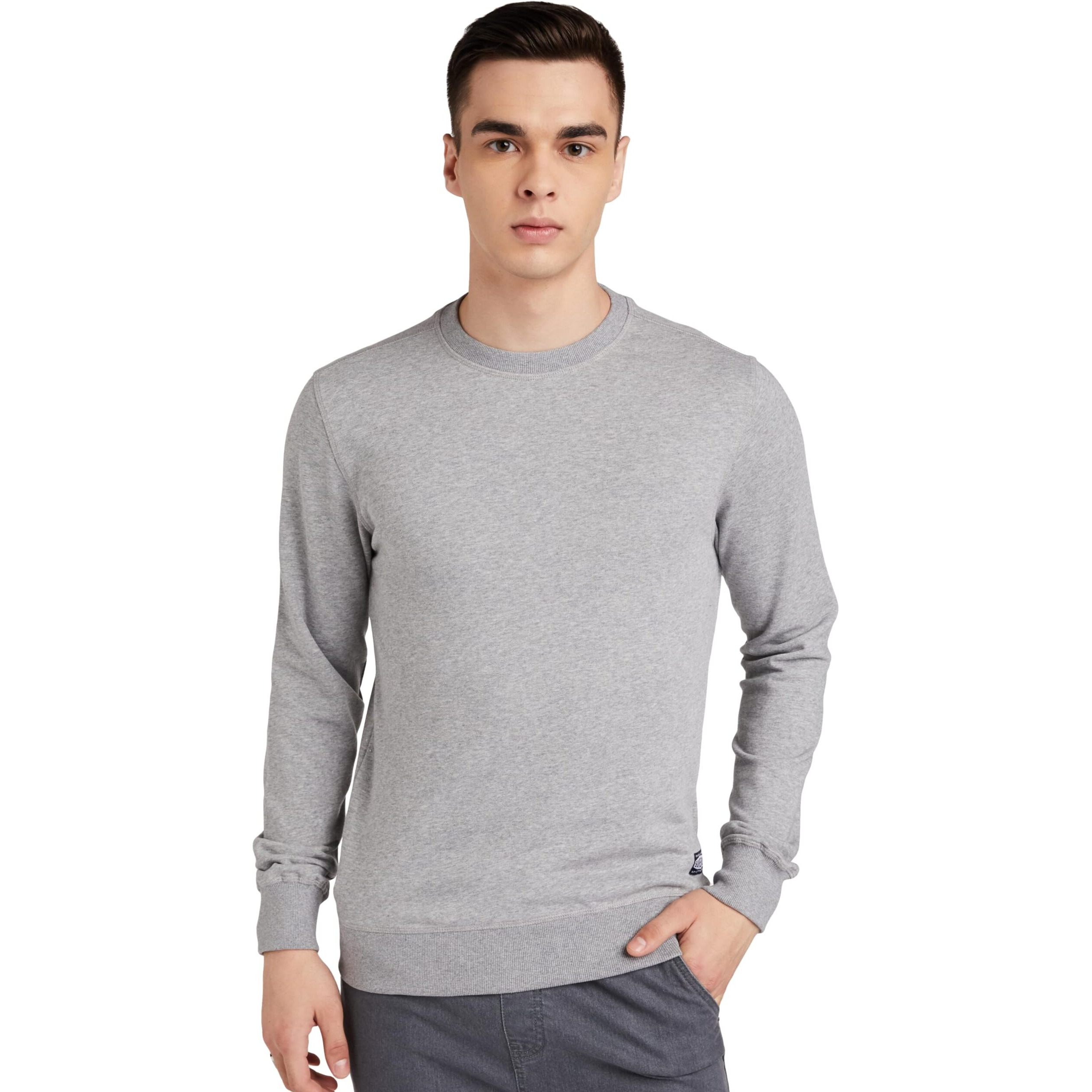 Amazon Brand - Symbol Men's Cotton Blend Round Neck Regular Fit Sweat Shirt(Aw18Mnssw01A_Lt Grey Mel_M)