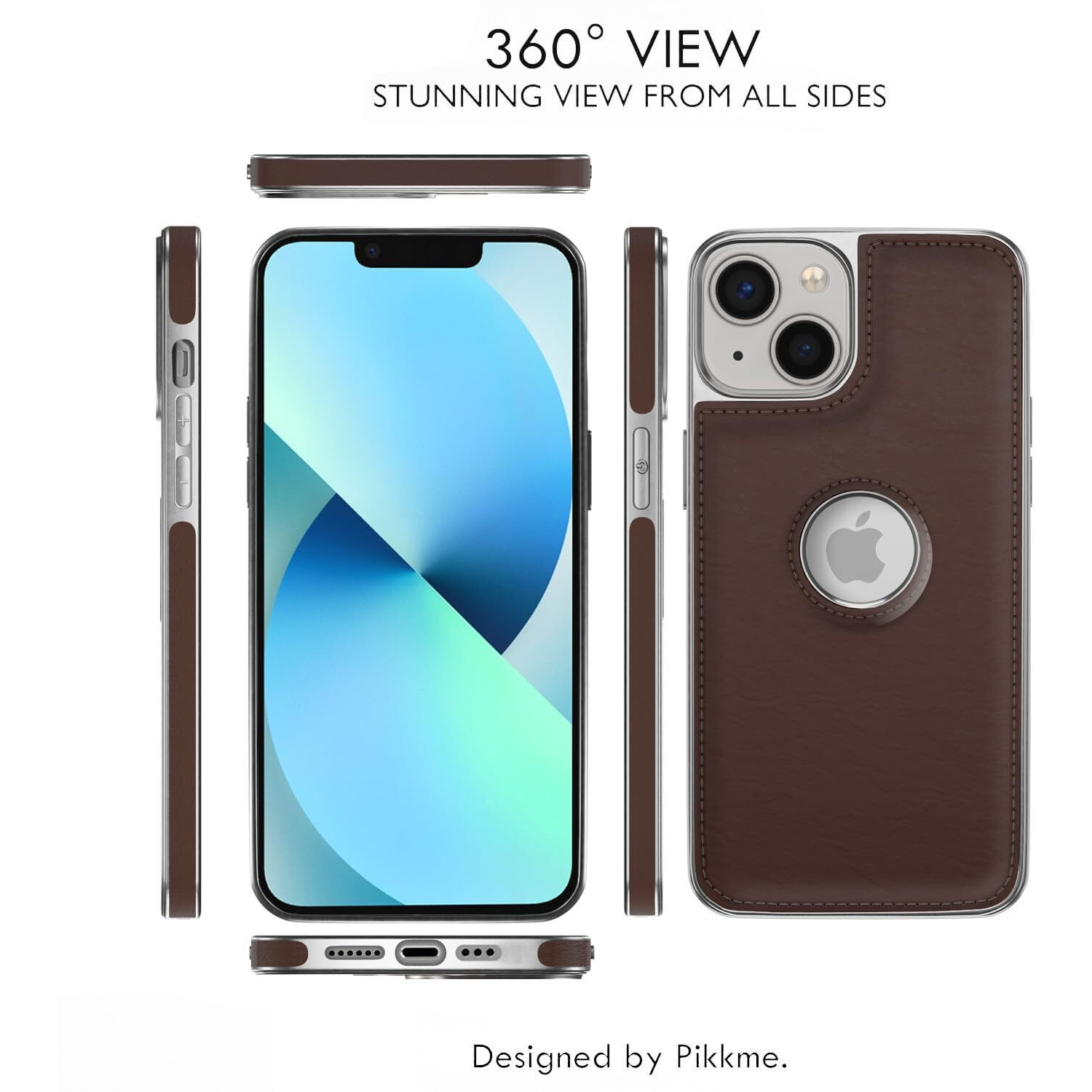 Pikkme Chrome Leather Back Cover | Flexible Pu Leather | Full Camera Protection | Silver Electroplated Chrome | Bumper Case for iPhone 13 (Chrome Coffee)