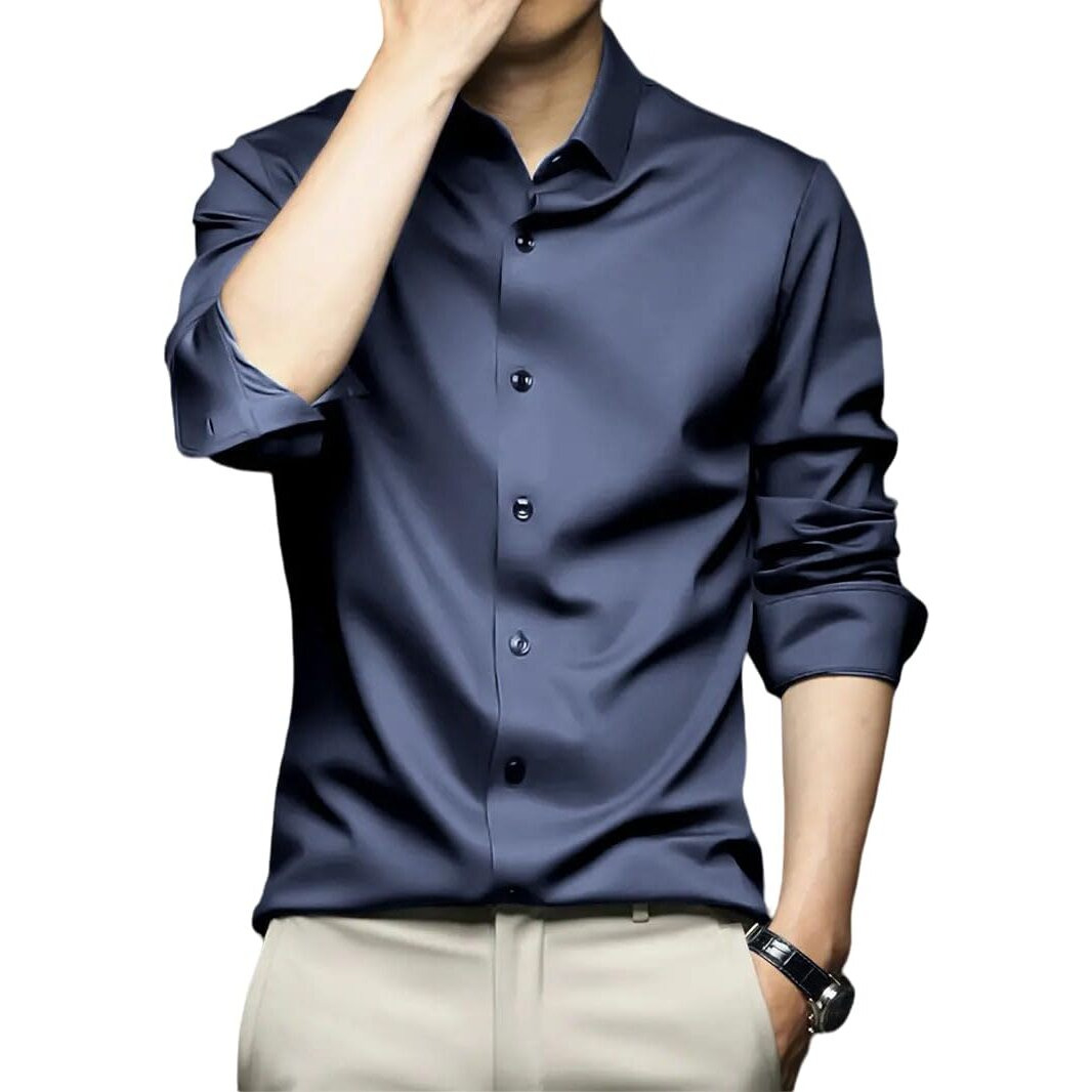 IndoPrimo Men's Stylish Solid Satin Casual Shirt for Men Full Sleeve (in, Alpha, L, Regular, Navy)