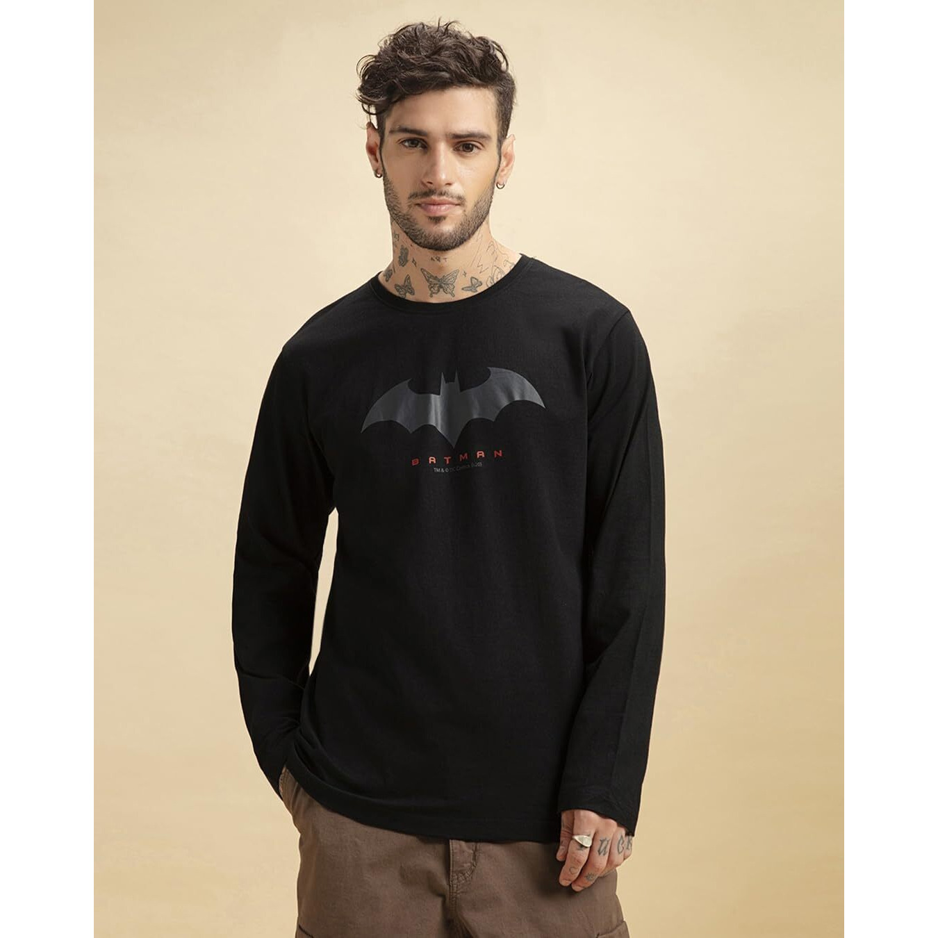 Bewakoof Men's Batman Graphic Printed 100% Cotton T-Shirt - Regular Fit, Round Neck, Full Sleeves