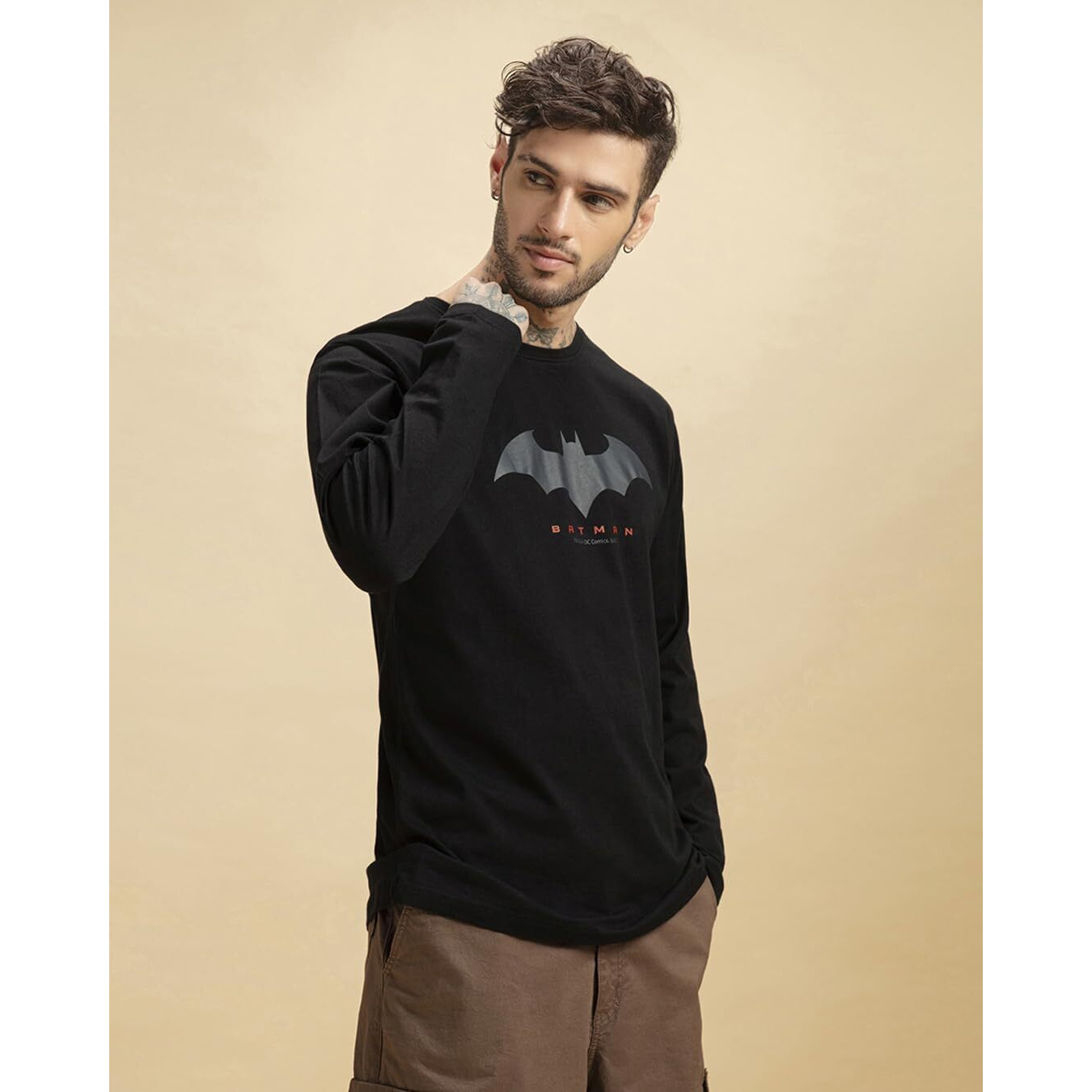 Bewakoof Men's Batman Graphic Printed 100% Cotton T-Shirt - Regular Fit, Round Neck, Full Sleeves