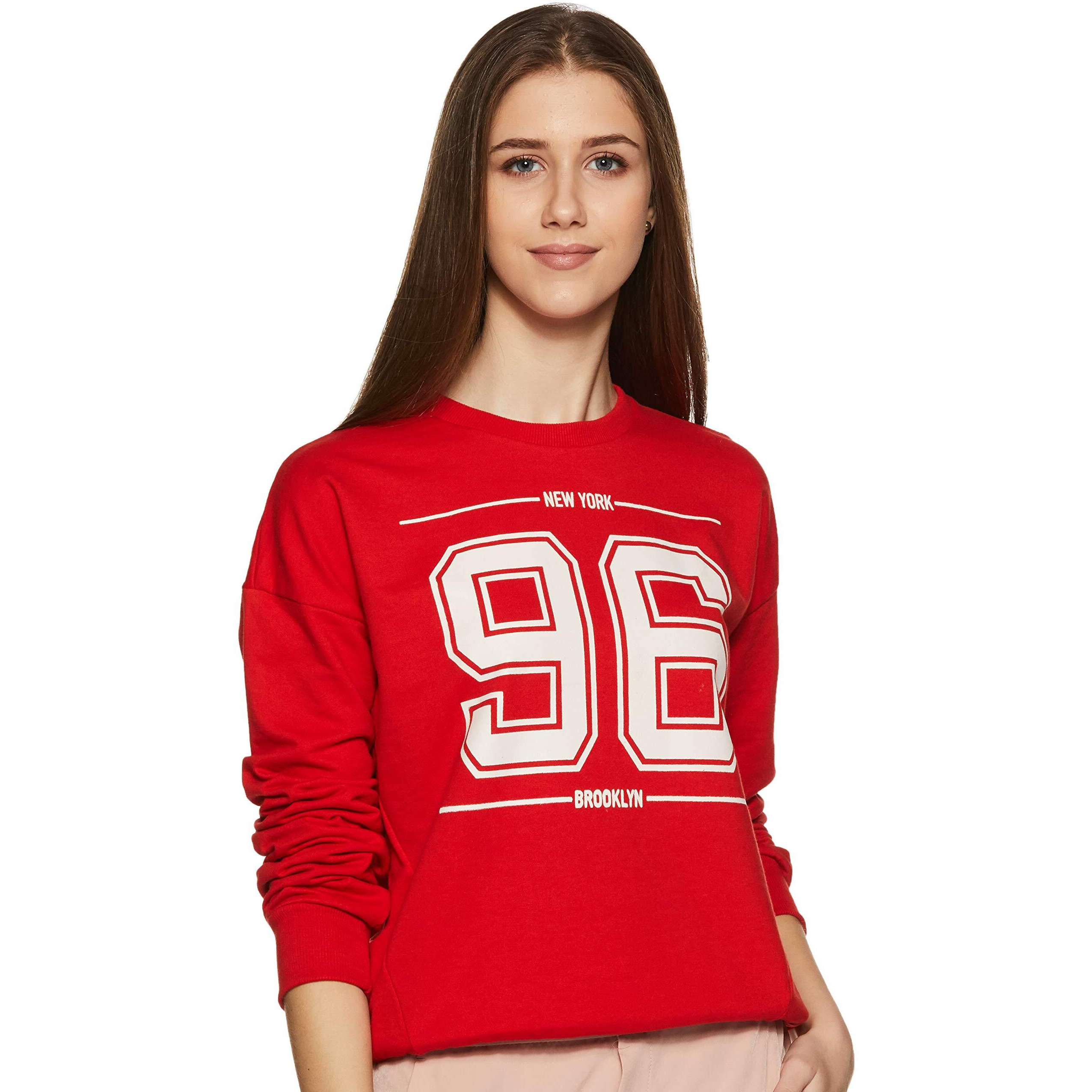 Amazon Brand - Symbol Women's Cotton Blend Hooded and Crew Neck Regular Sweatshirt (AW18WNSSW20_Fire Red_Small_Fire Red_S)