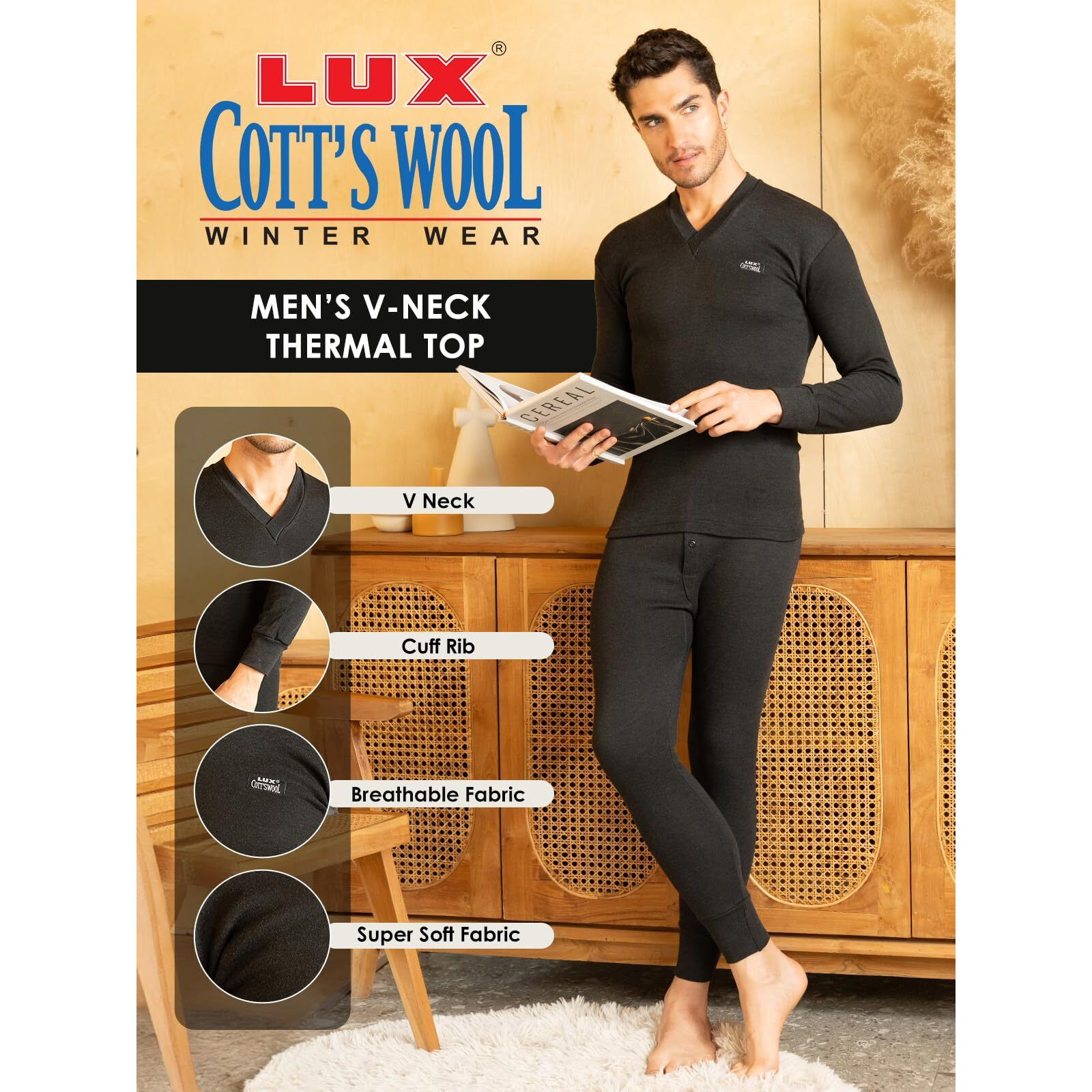 Lux Cotts Wool Mens V Neck Full Sleeves Thermal top_BLK_TOP_FSV_85_1PC