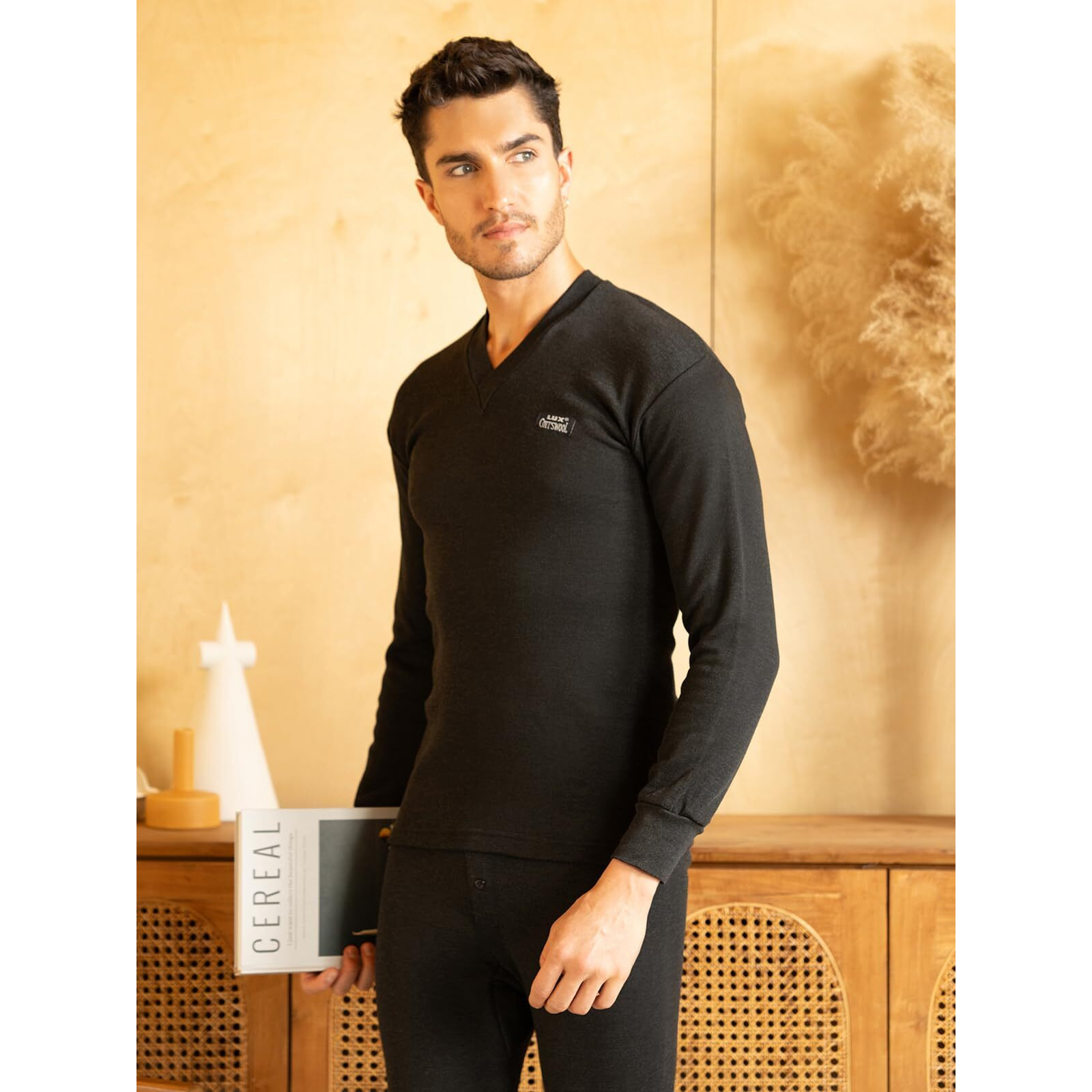 Lux Cotts Wool Mens V Neck Full Sleeves Thermal top_BLK_TOP_FSV_85_1PC