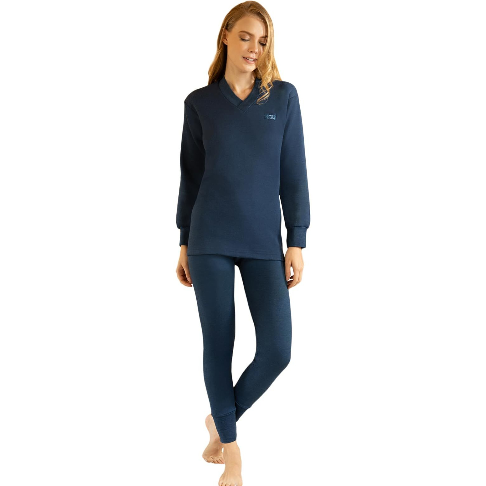 Lux Cottswool Womens V Neck Full Sleeves Thermal Set_LAD_FSV_TRO_BU_Set_90 Blue Melange