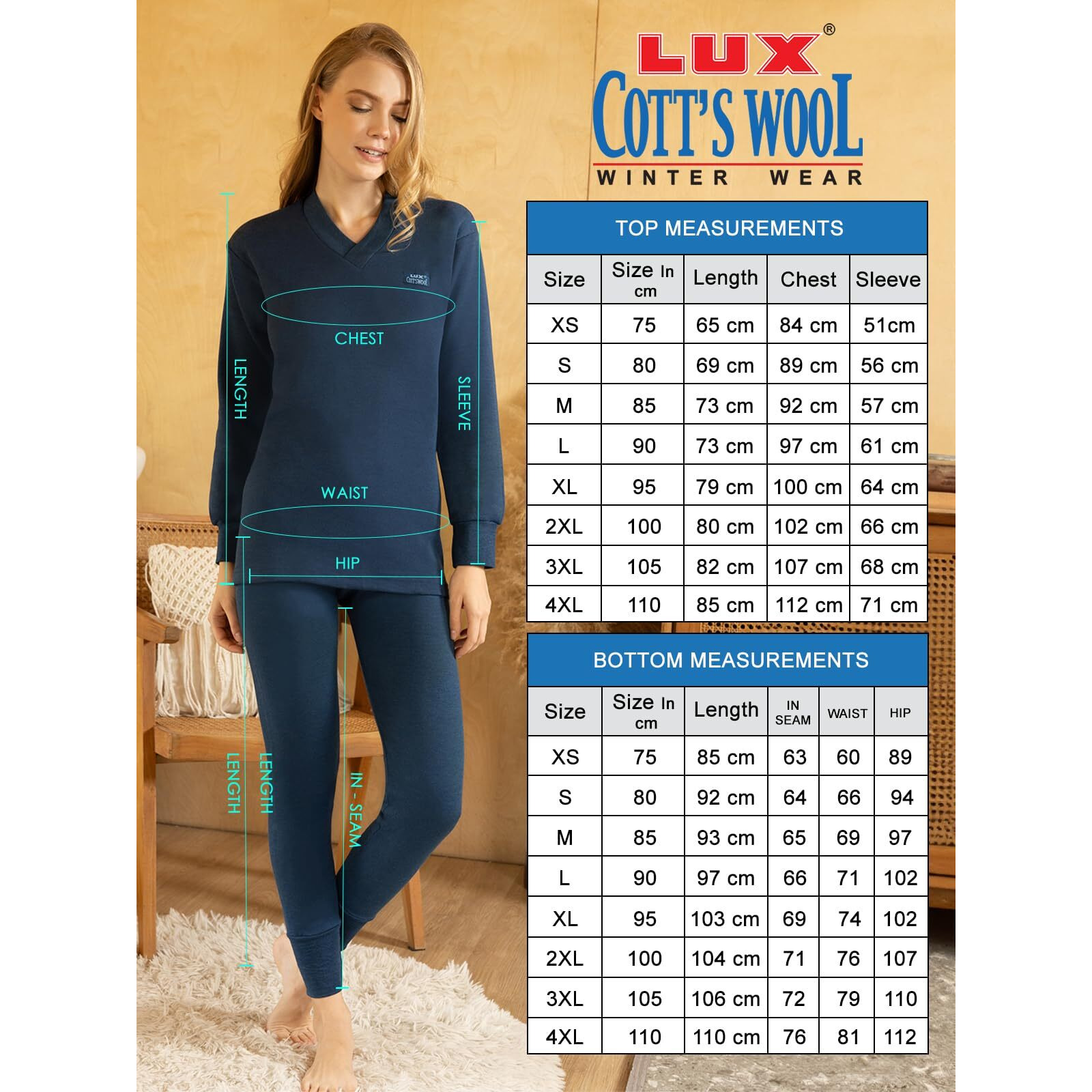 Lux Cottswool Womens V Neck Full Sleeves Thermal Set_LAD_FSV_TRO_BU_Set_90 Blue Melange