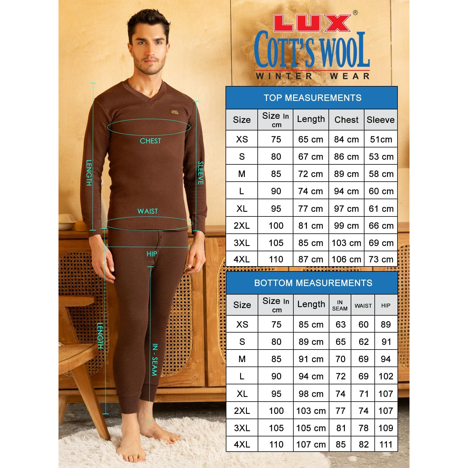 Lux Cottswool Mens Thermal (COTT_Brown_FS_Vneck_TRO_Set 3XL- 105CM)