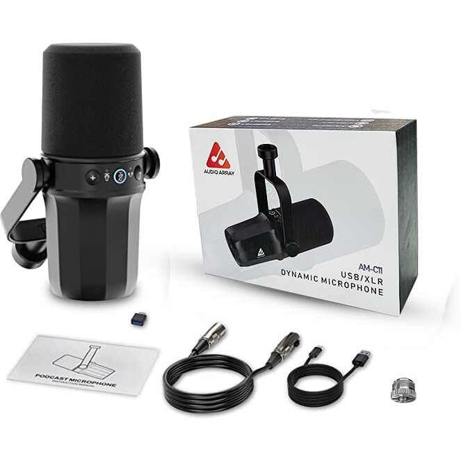 Audio Array AM-C11 XLR/USB Dynamic Podcast Microphone | Built-in Monitoring | One Touch Mute and Volume Control | Premium Metal Build | 2M XLR & USB Cable | Streaming, Gaming, Podcasting, Singing