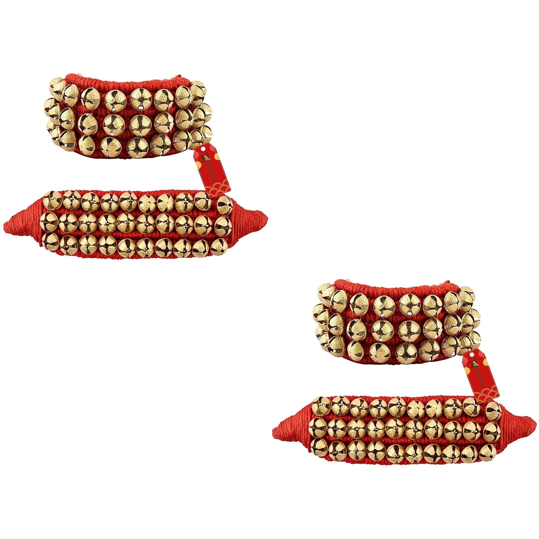 UAPAN Brass Ghungroo Anklets Bells For Women I 3 Line Pad I Red I 2 Pair I Perfect for traditional Indian dance
