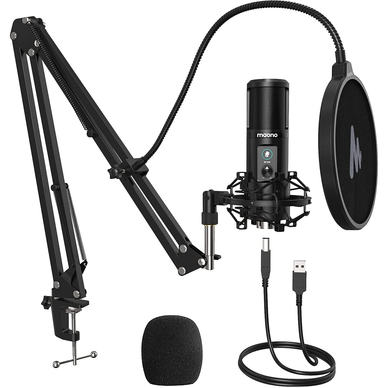 MAONO AU-PM421 Large Diaphragm Condenser USB Unidirectional Microphone, Professional Studio Recording Mic with 1-Touch Mute and Mic Gain Knob for Pc, Singing, Podcast, Gaming, YouTube (Black)