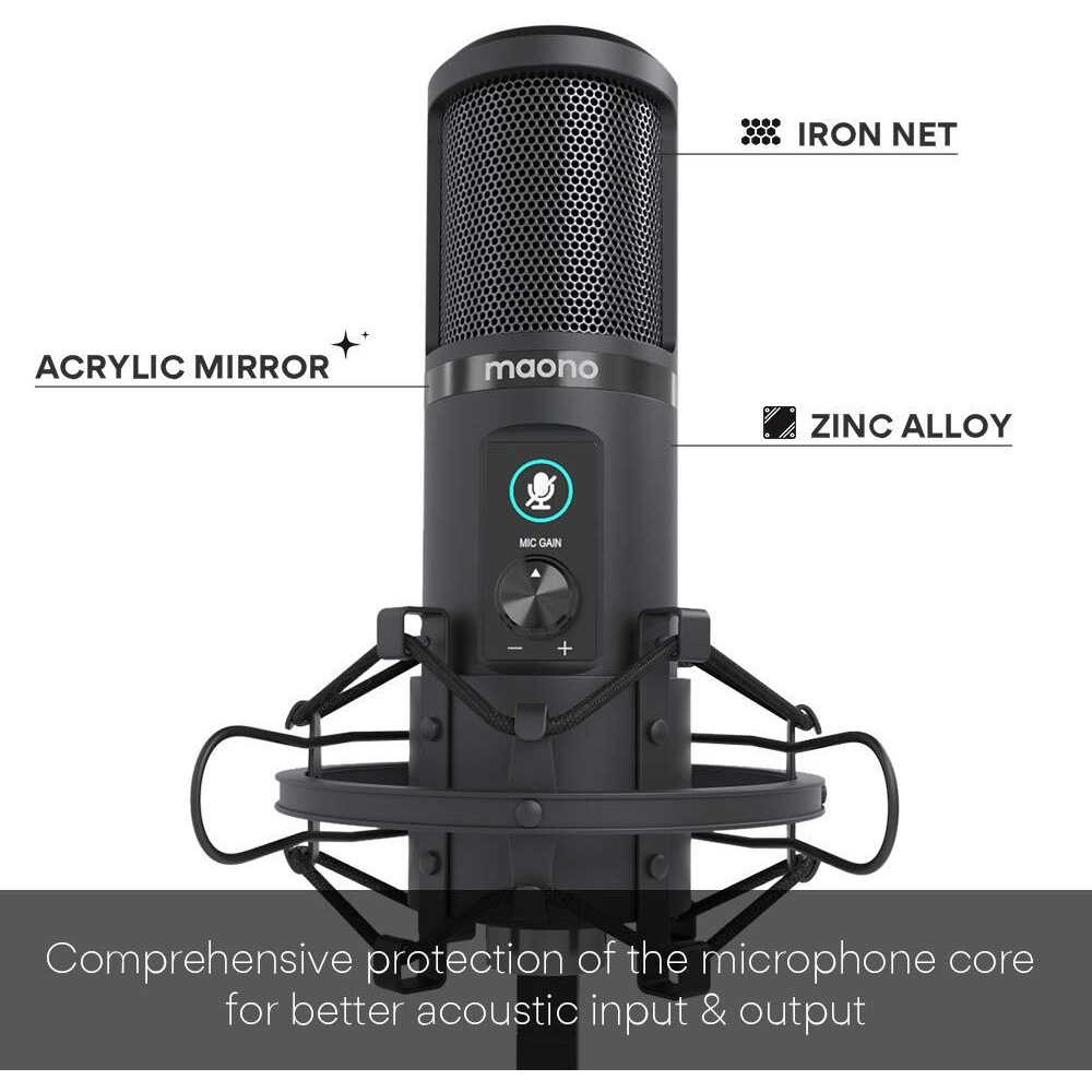 MAONO AU-PM421 Large Diaphragm Condenser USB Unidirectional Microphone, Professional Studio Recording Mic with 1-Touch Mute and Mic Gain Knob for Pc, Singing, Podcast, Gaming, YouTube (Black)