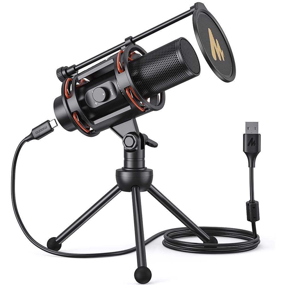 MAONO AU-PM471TS Condenser USB Microphone for PC, with Metal Pop Filter, Tripod, Gain Knob & 0-Latency Monitoring for YouTube, Podcasting, Streaming