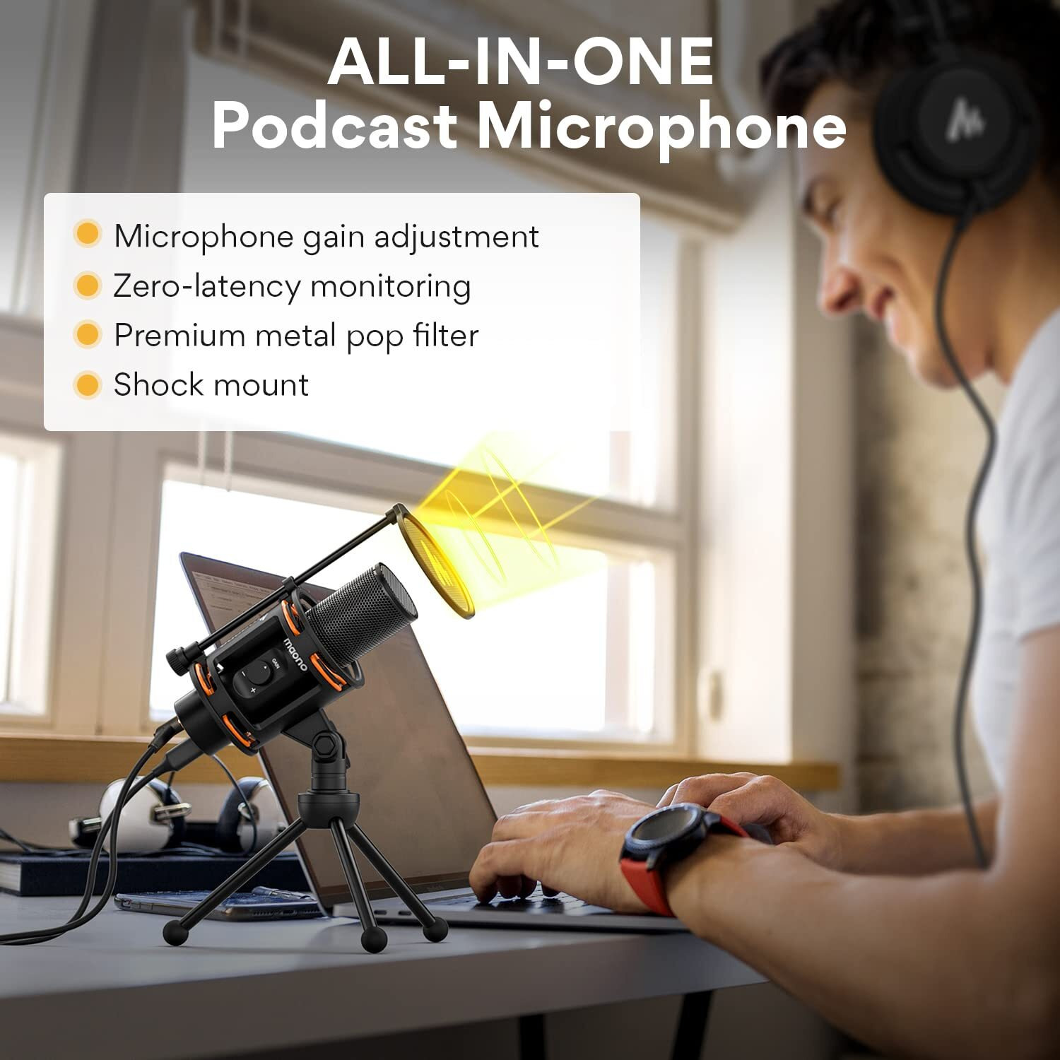 MAONO AU-PM471TS Condenser USB Microphone for PC, with Metal Pop Filter, Tripod, Gain Knob & 0-Latency Monitoring for YouTube, Podcasting, Streaming