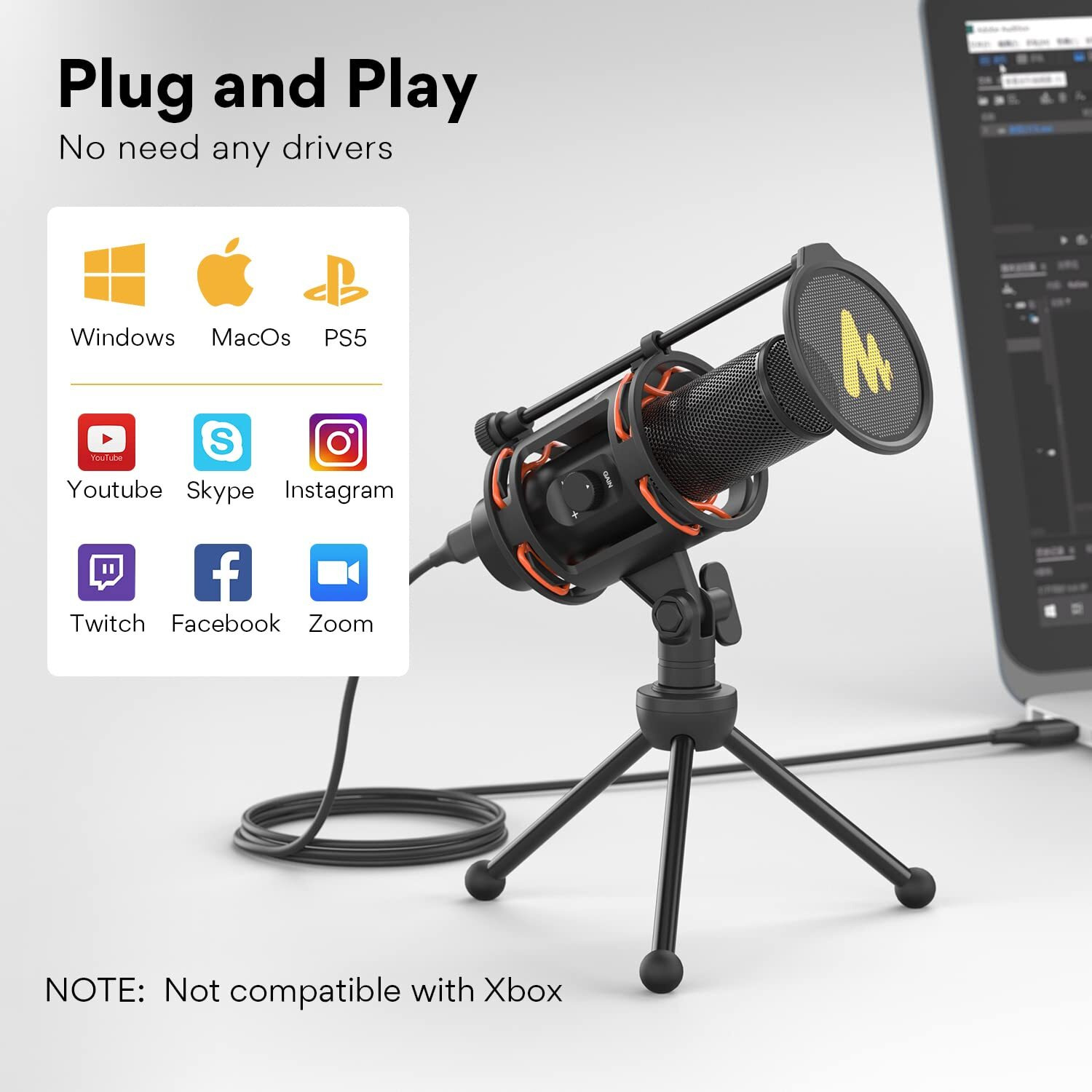 MAONO AU-PM471TS Condenser USB Microphone for PC, with Metal Pop Filter, Tripod, Gain Knob & 0-Latency Monitoring for YouTube, Podcasting, Streaming