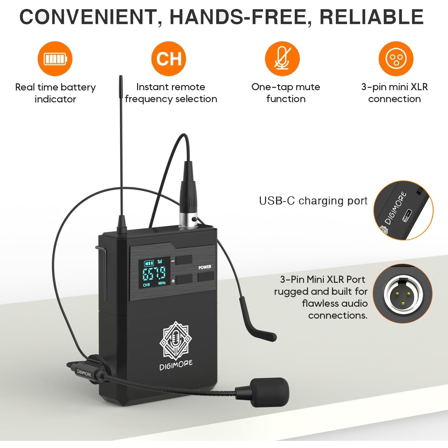 DIGIMORE UHF Cordless Headset Mic | 3-Pin Mini XLR Port | Volume Control | 5Hrs Battery Life |196ft Range | &lt5ms Latency | Ideal for Karaoke, Conferences, Stage, Weddings, Churches (D-341)