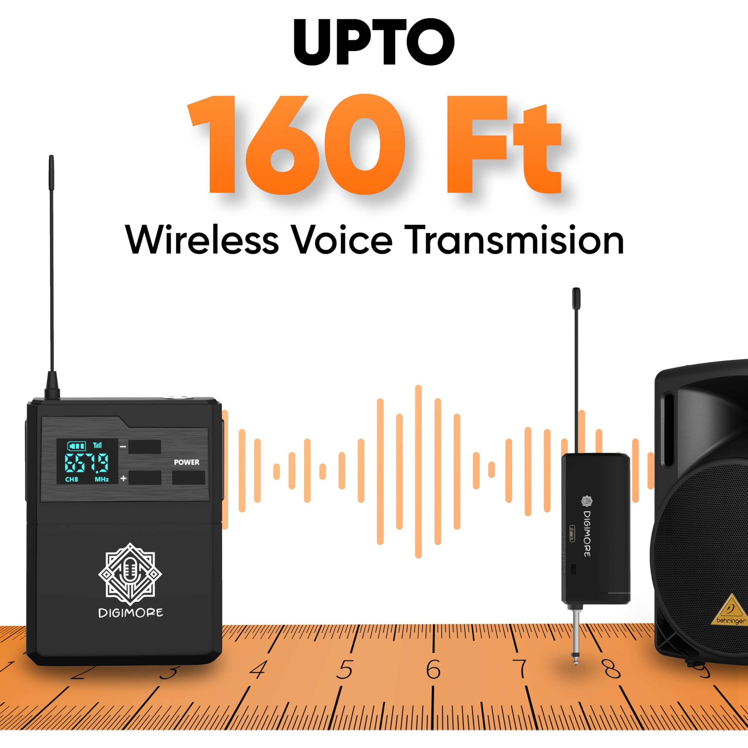 DIGIMORE UHF Cordless Headset Mic | 3-Pin Mini XLR Port | Volume Control | 5Hrs Battery Life |196ft Range | &lt5ms Latency | Ideal for Karaoke, Conferences, Stage, Weddings, Churches (D-341)