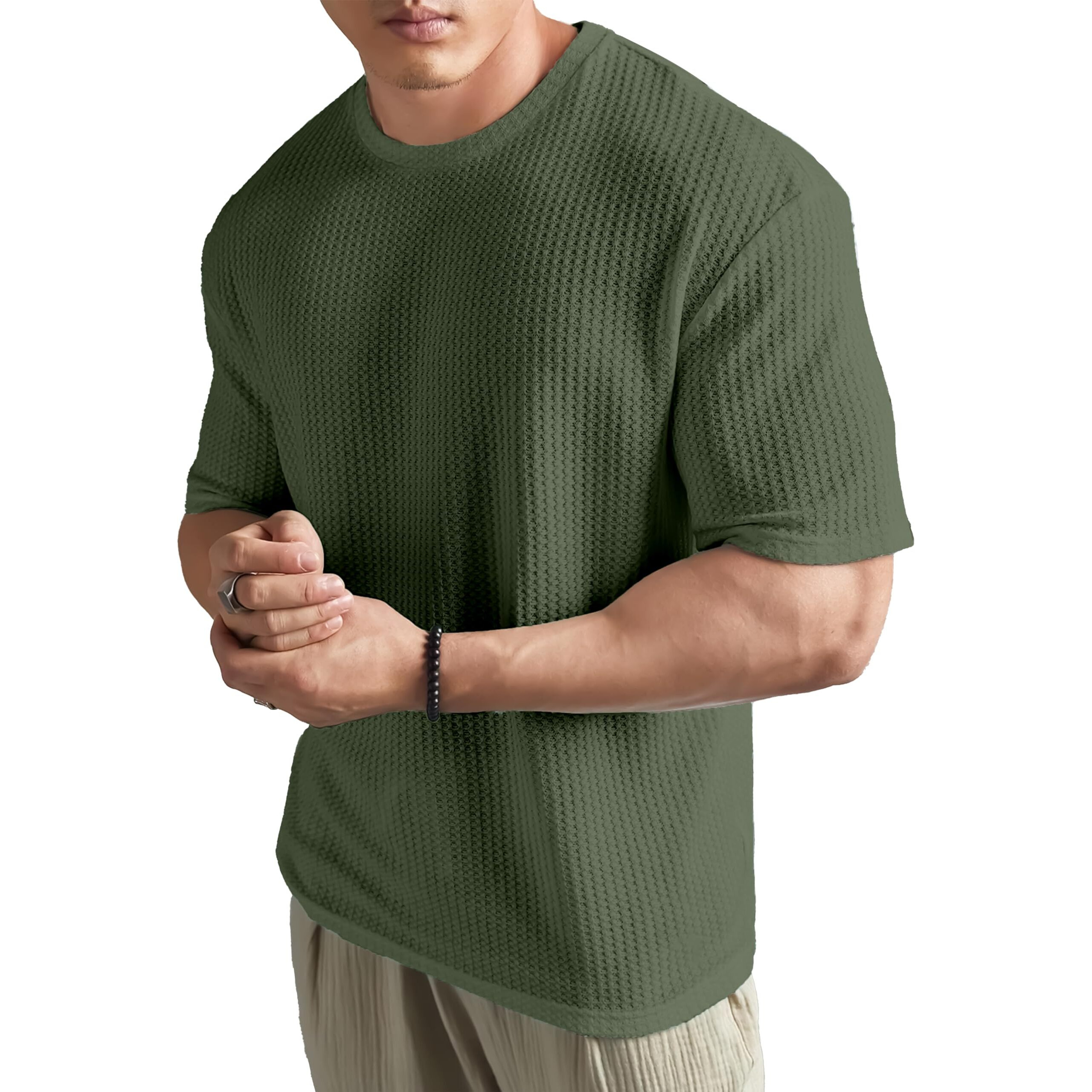 SHODOX Mens Solid Dotted Unique Design Oversized Tshirt for Men - Round Neck Loose Fit Drop Shoulder Mens T-Shirt Olive