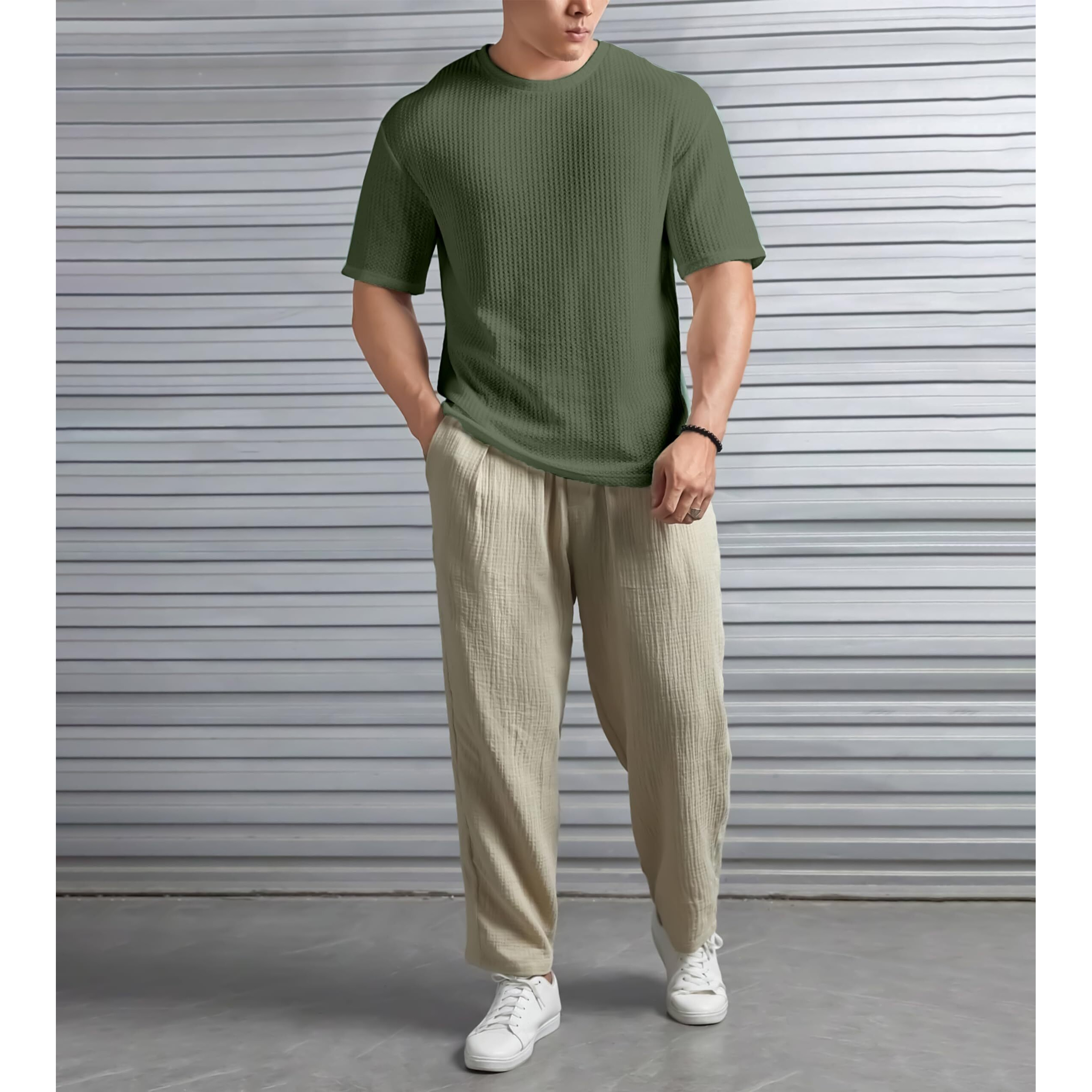 SHODOX Mens Solid Dotted Unique Design Oversized Tshirt for Men - Round Neck Loose Fit Drop Shoulder Mens T-Shirt Olive