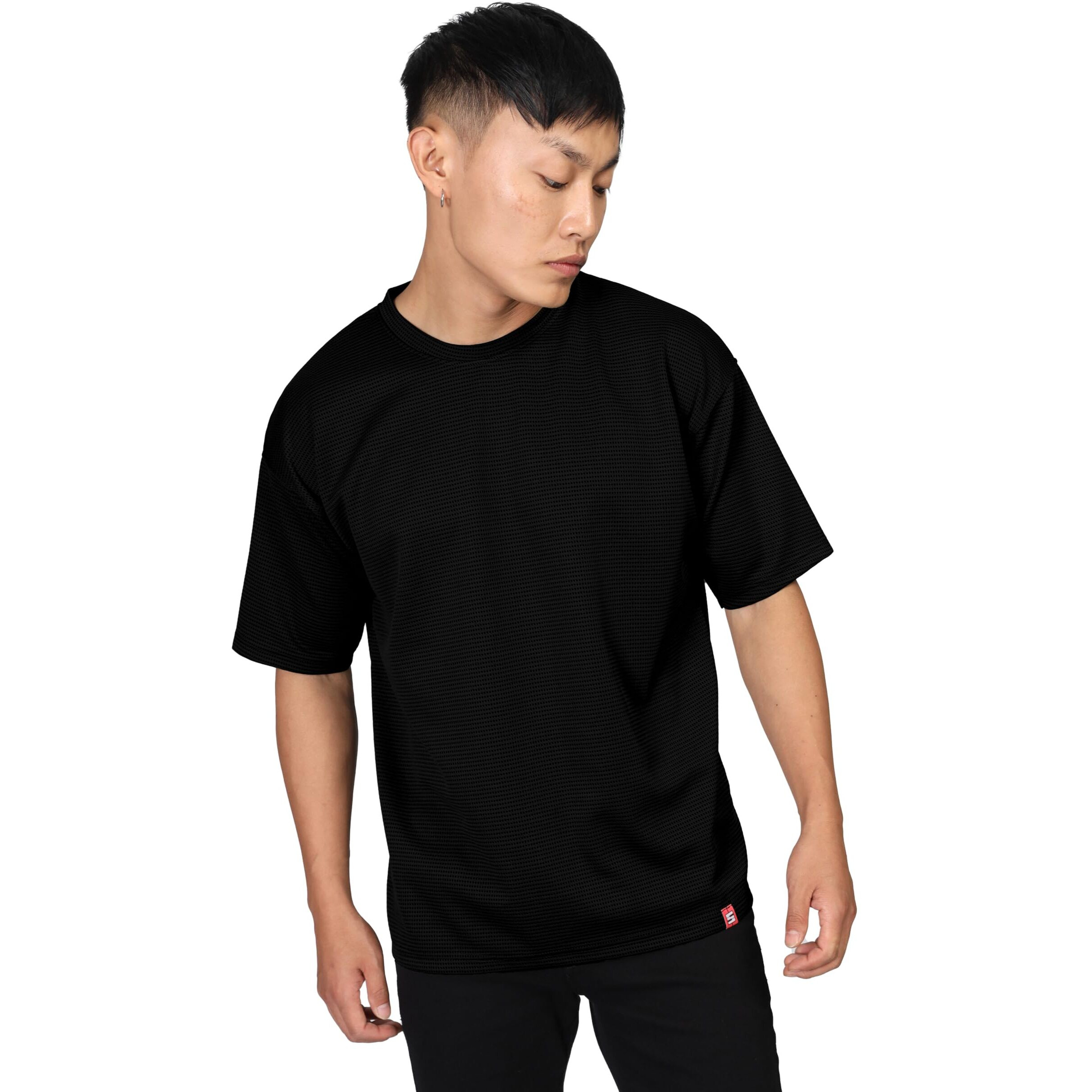 SHODOX Mens Solid Dotted Unique Design Oversized Tshirt for Men - Round Neck Loose Fit Drop Shoulder Mens T-Shirt Black