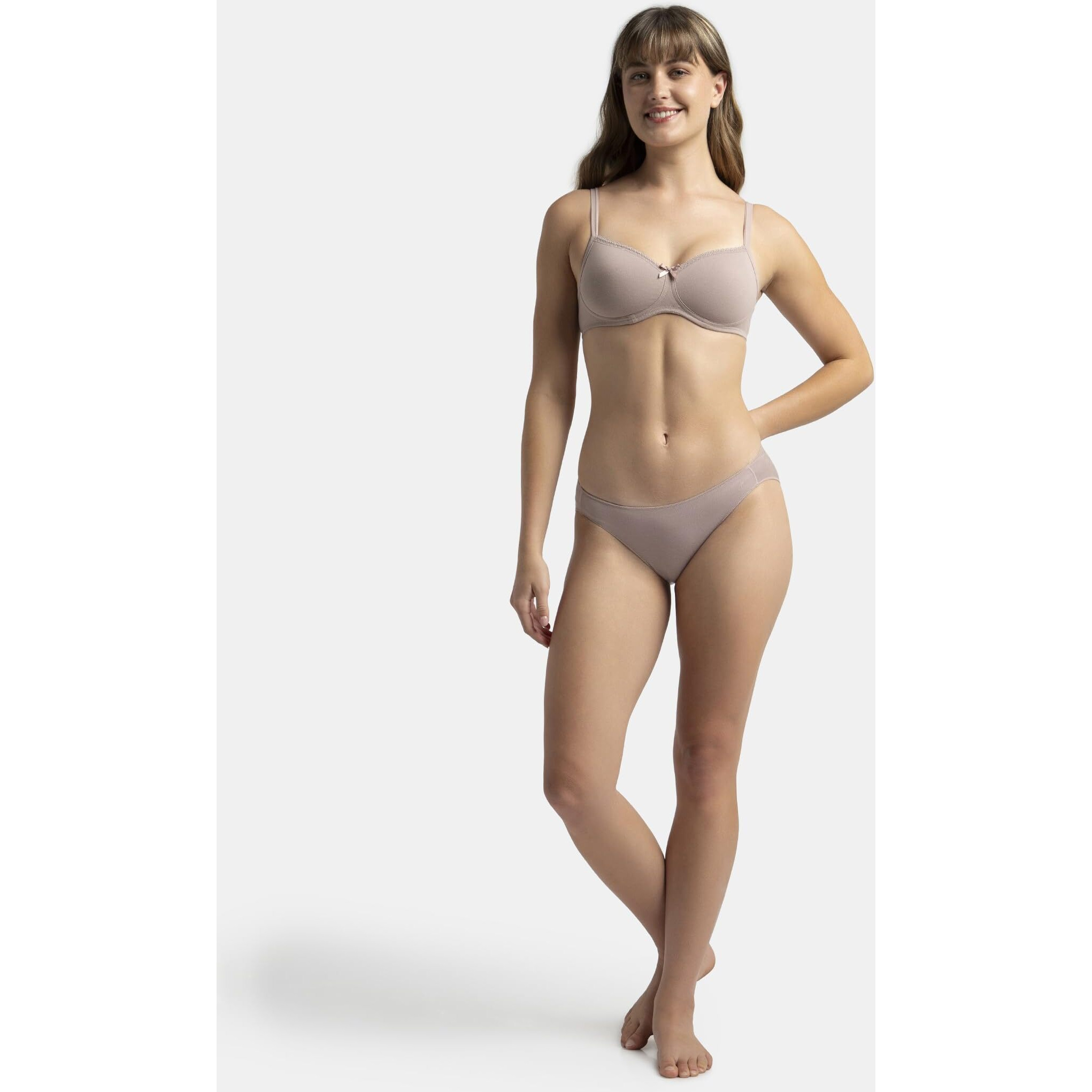 Jockey 1723 Women's Wirefree Padded Super Combed Cotton Elastane Stretch Medium Coverage Lace Styling T-Shirt Bra with Adjustable Straps_Mocha_32B