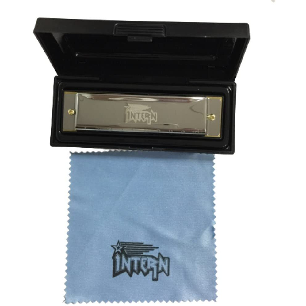 Intern KEY C 10 Hole Diatonic Blues Mouth Organ Harmonica for Professional Player, with case and cleaning cloth (Silver) (INT-HA01C)