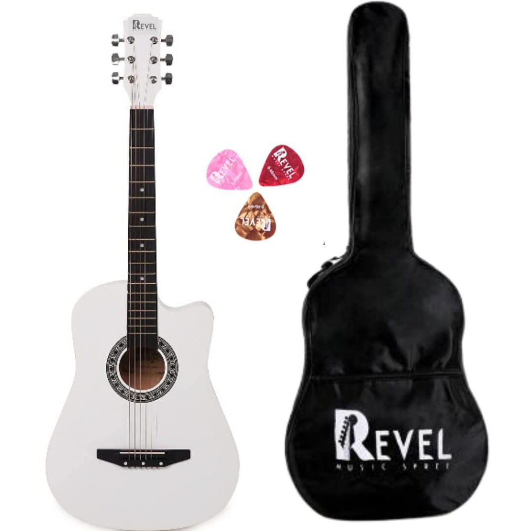 Revel 38 Inches Cutaway Design Acoustic Guitar with Carry bag and Plectrums. Great tone and Beginner/Learners standard size configuration for all age groups (White)