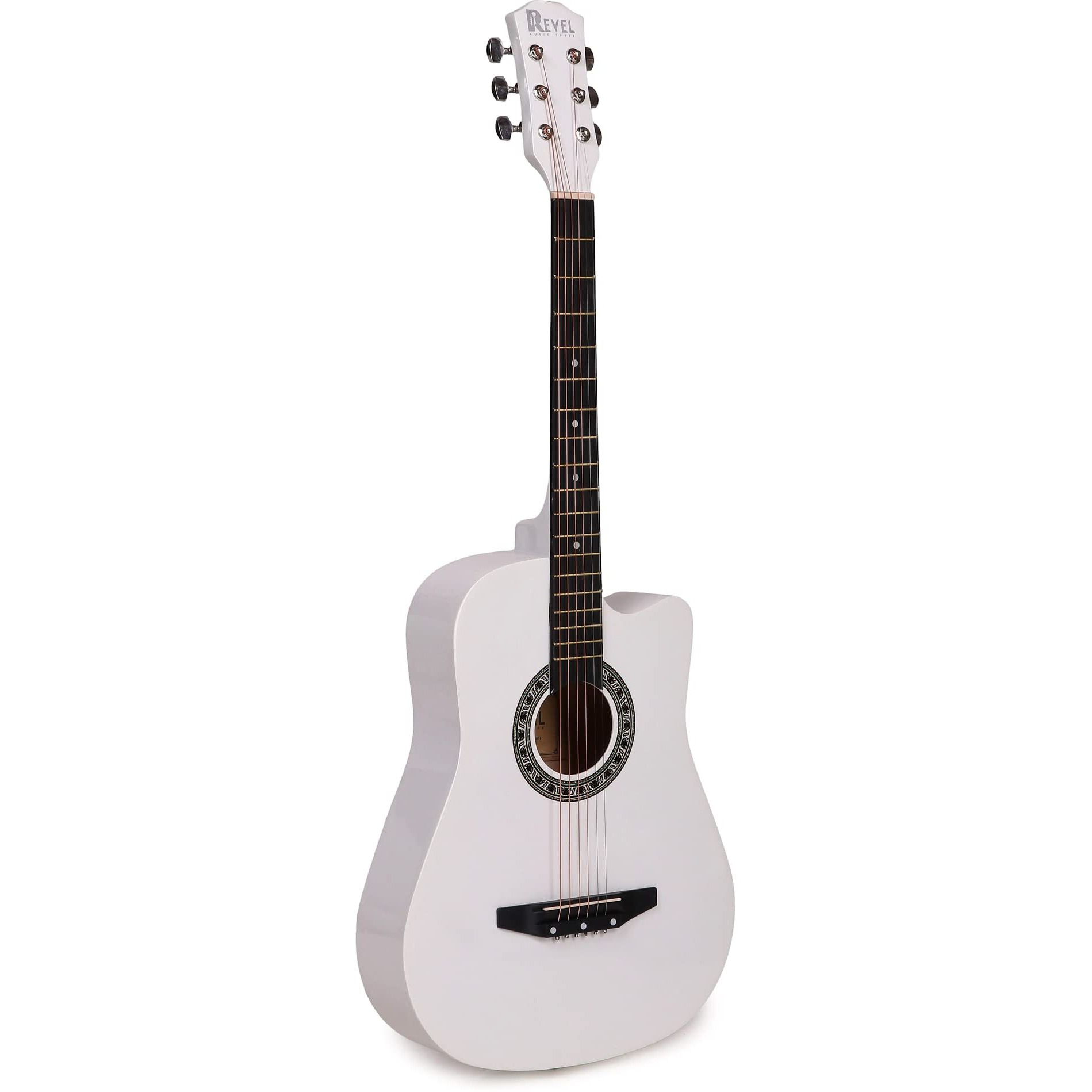 Revel 38 Inches Cutaway Design Acoustic Guitar with Carry bag and Plectrums. Great tone and Beginner/Learners standard size configuration for all age groups (White)