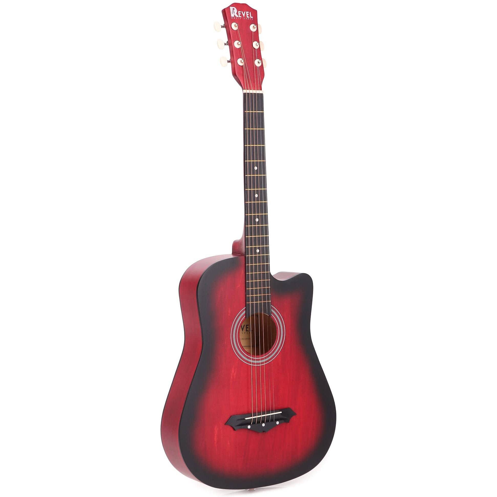 Revel 38 Inches Cutaway Design Acoustic Guitar with Carry bag and Plectrums. Great tone and Beginner/Learners standard size configuration for all age groups (Red)