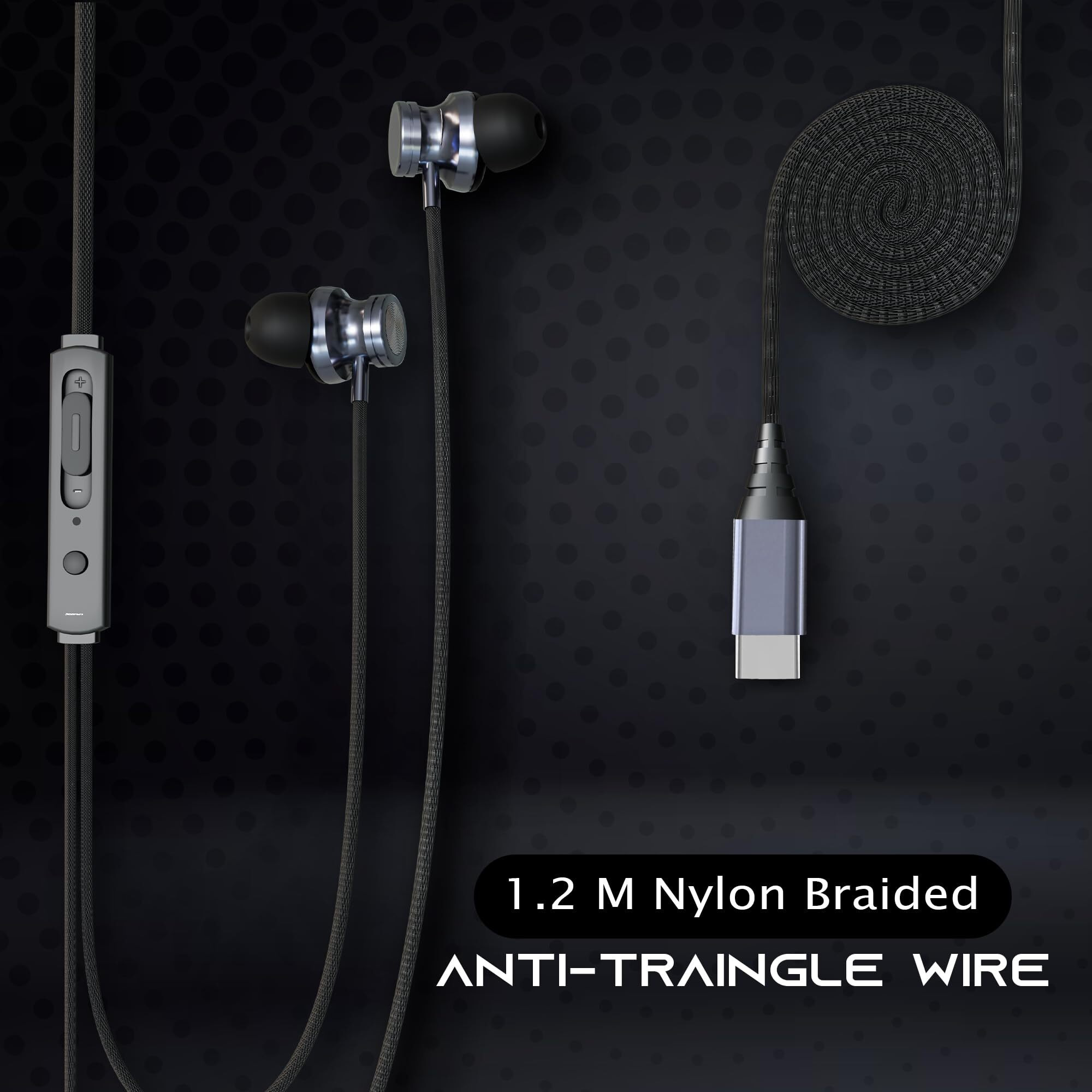 Kratos C Type Earphones Wired, 13mm Bass Drivers Earphone, Inline Control Type c Headphones with Mic, IPX5 Water Resistant, Comfort Fit Type c Earphone with Volume Control, Metallic c pin Earphones