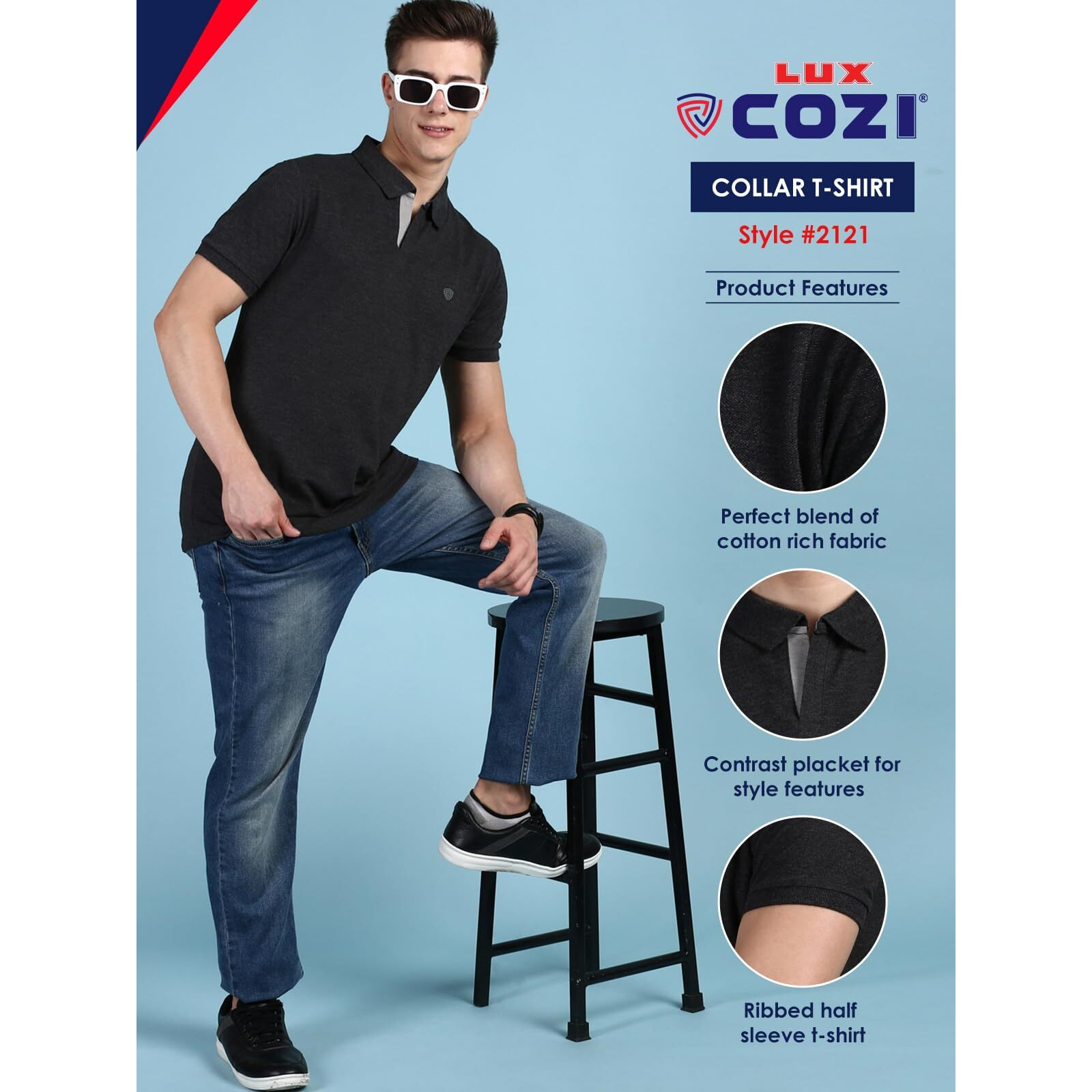 Lux Cozi Men's Pack of 1 Black Melange Regular Fit Polo Neck Half Sleeve Solid Casual T-Shirt (Size  Medium)_COZI_2121_BM_M_1PC