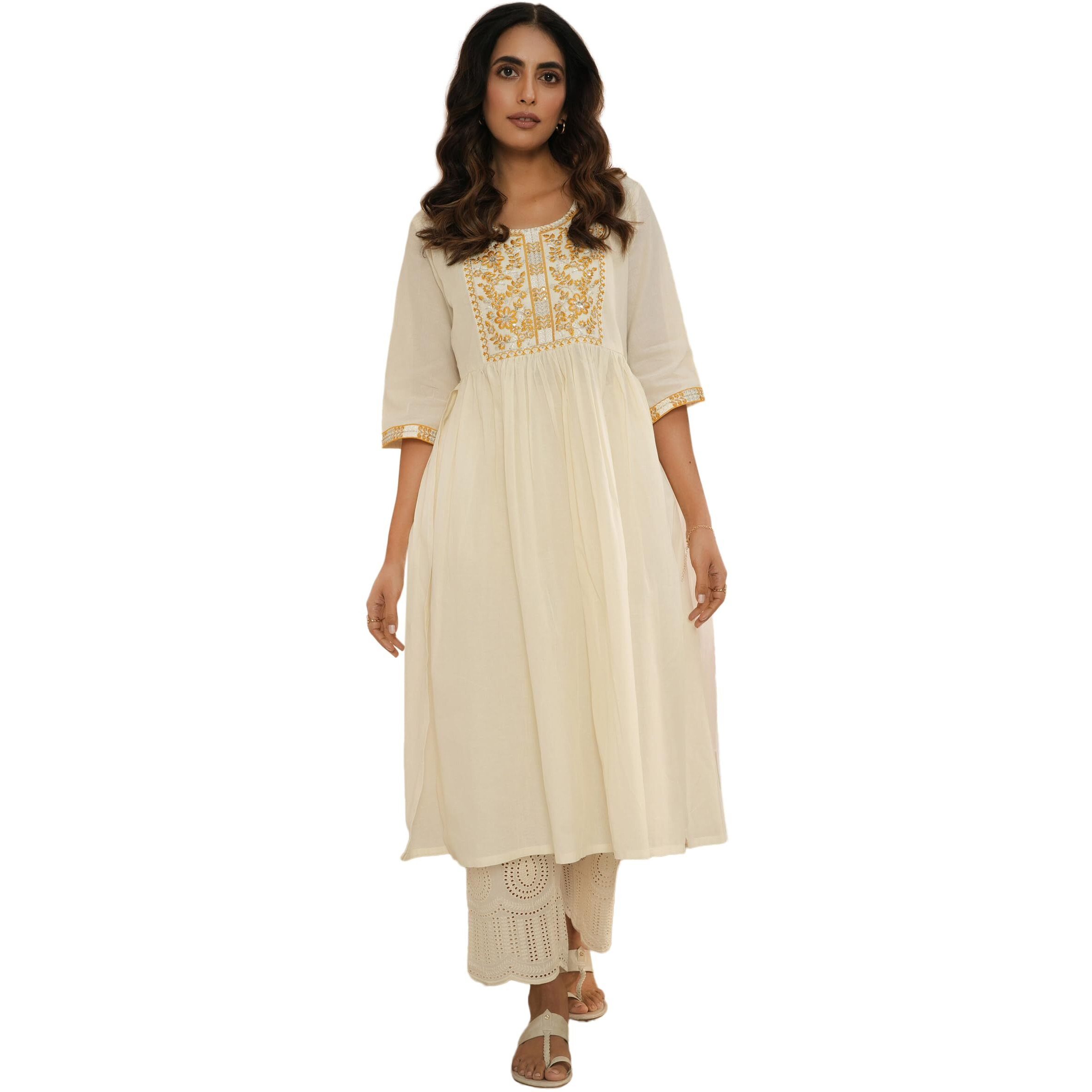 Libas Women's Cotton Printed A-Line Kurta (26725_Off White