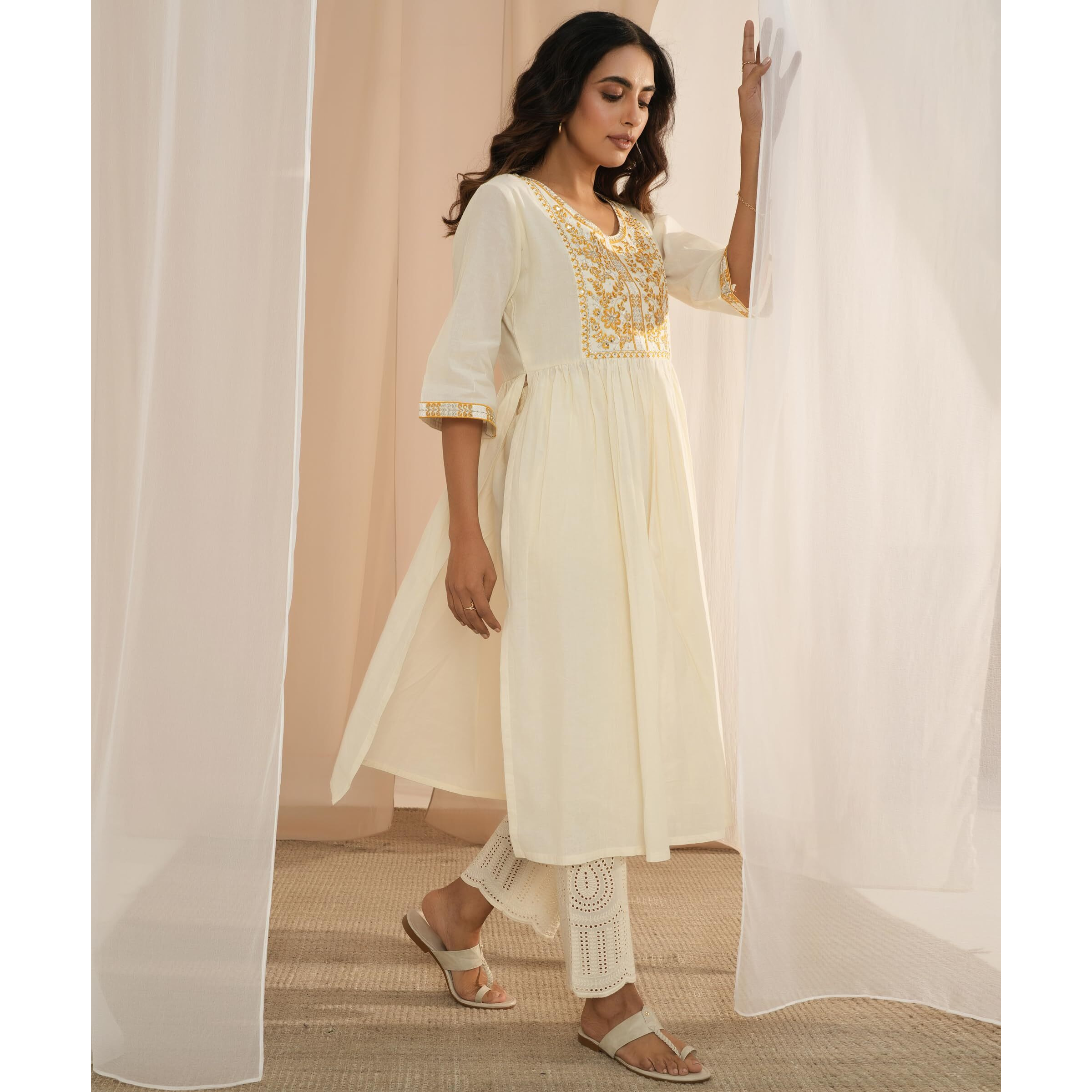 Libas Women's Cotton Printed A-Line Kurta (26725_Off White