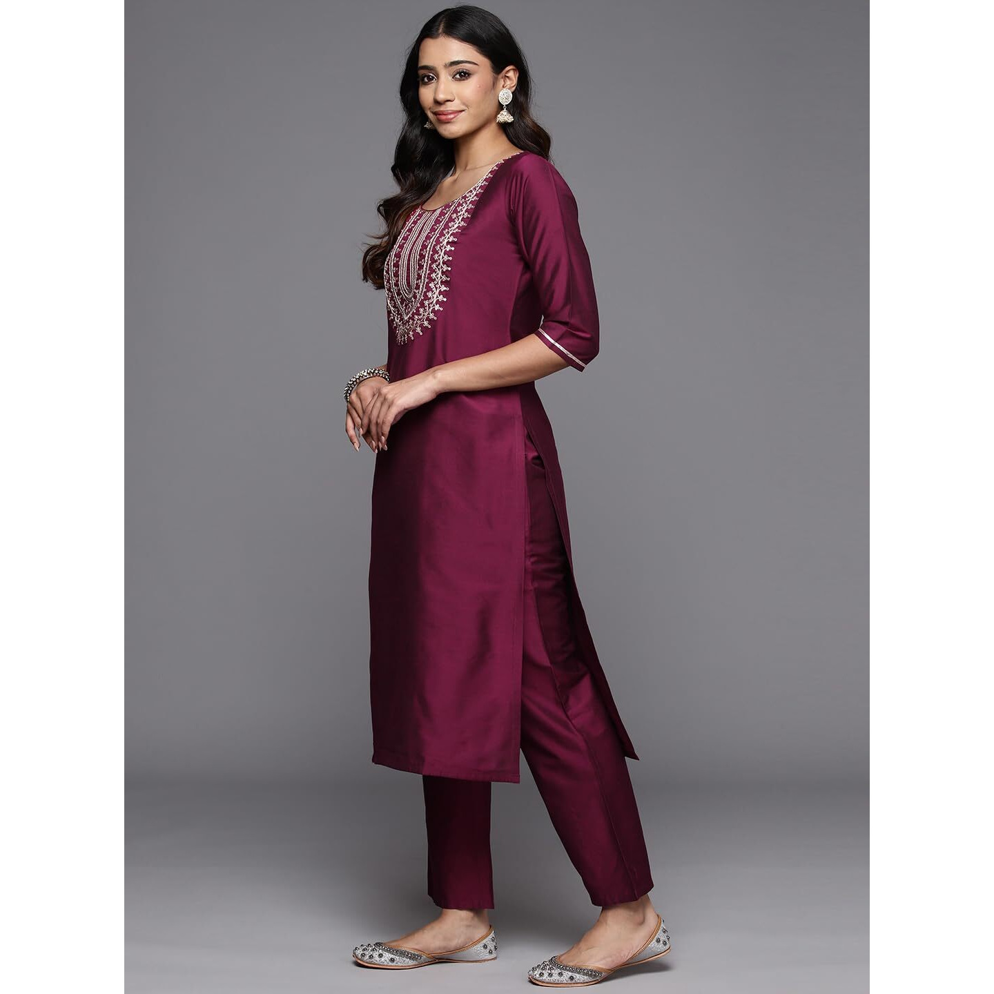 Libas Wine Yoke Design Silk Blend Straight Kurta With Trousers & Dupatta