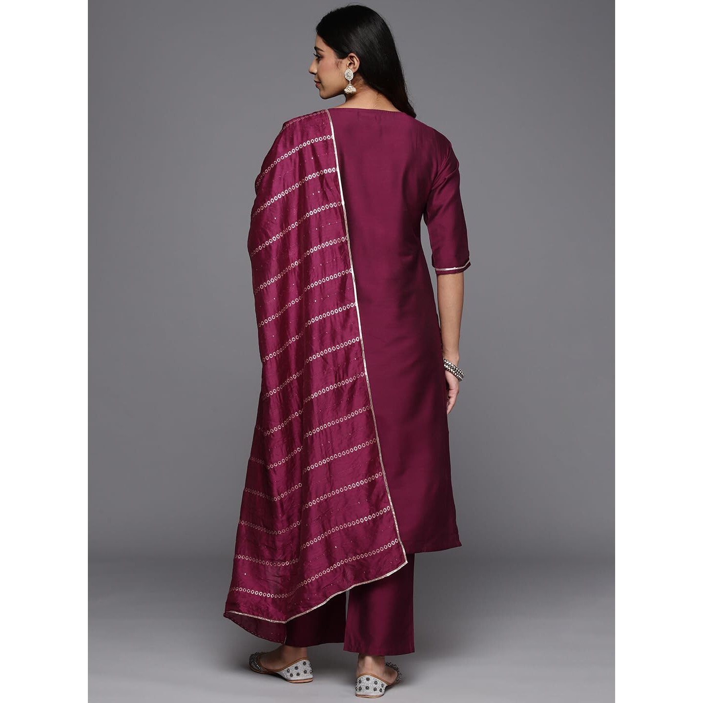 Libas Wine Yoke Design Silk Blend Straight Kurta With Trousers & Dupatta