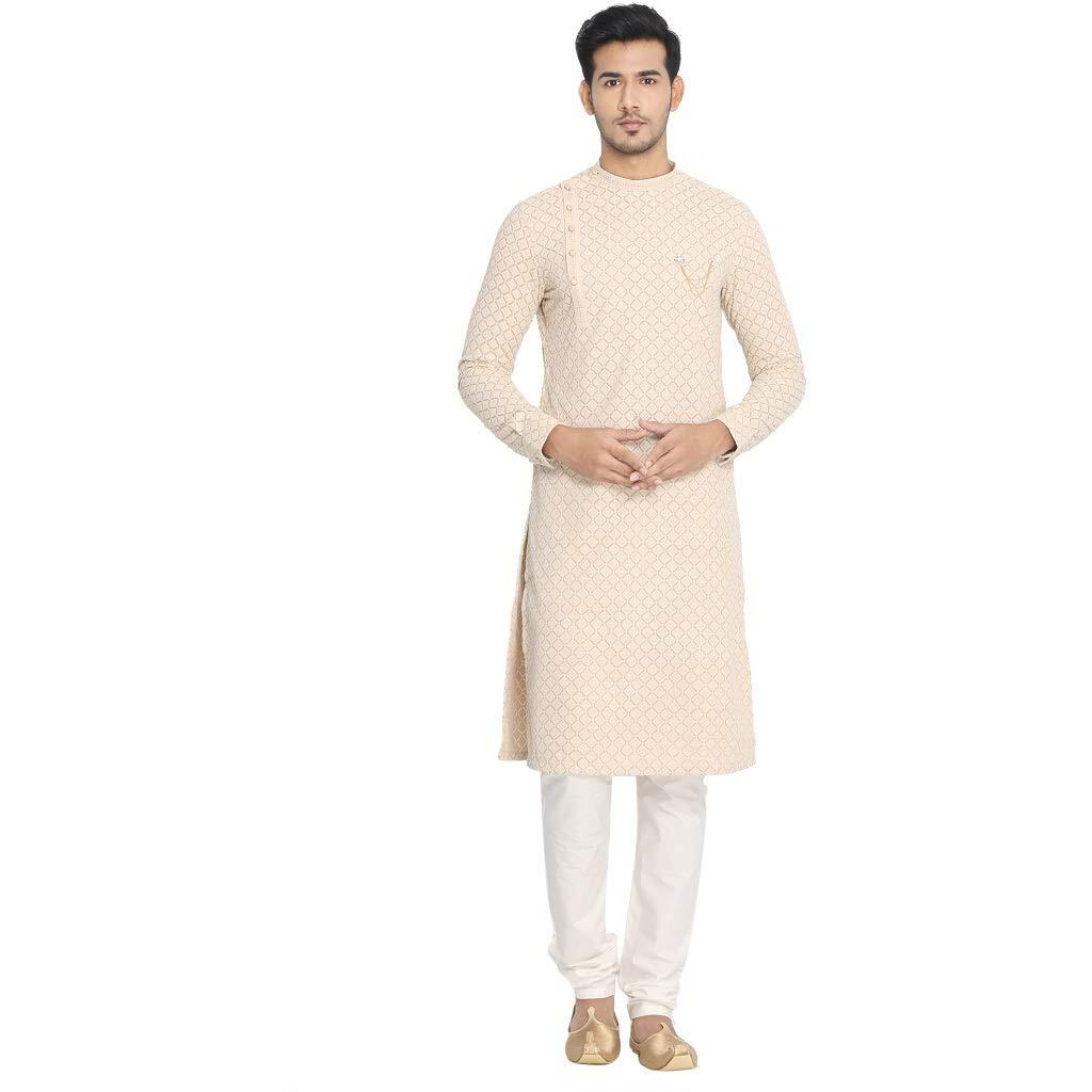 Manyavar Traditional Embroidered Kurta and Churidar Set For Men - (Light Biscuit, Medium)