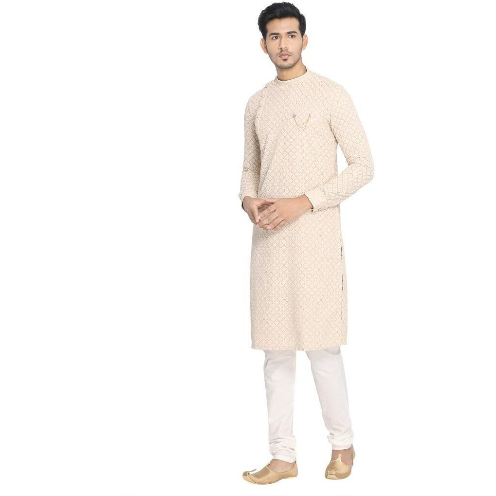 Manyavar Traditional Embroidered Kurta and Churidar Set For Men - (Light Biscuit, Medium)