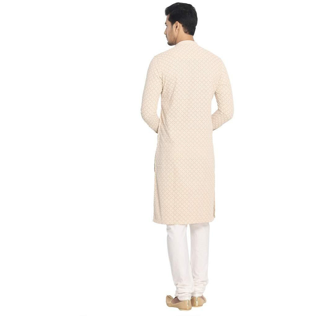 Manyavar Traditional Embroidered Kurta and Churidar Set For Men - (Light Biscuit, Medium)