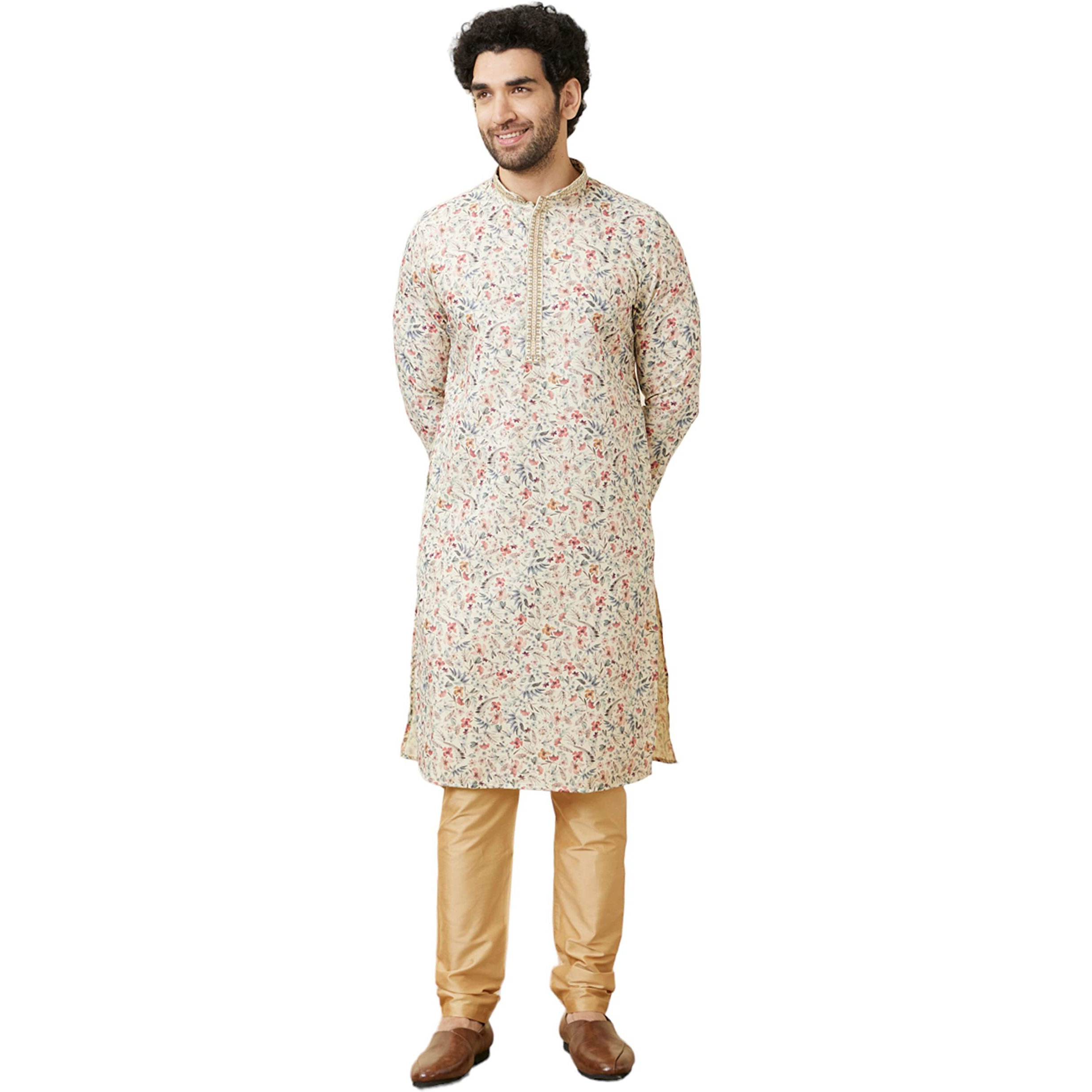 Manyavar Men's Cotton Printed Full Sleeves Knee Length Kurta Set (Beige, XL)