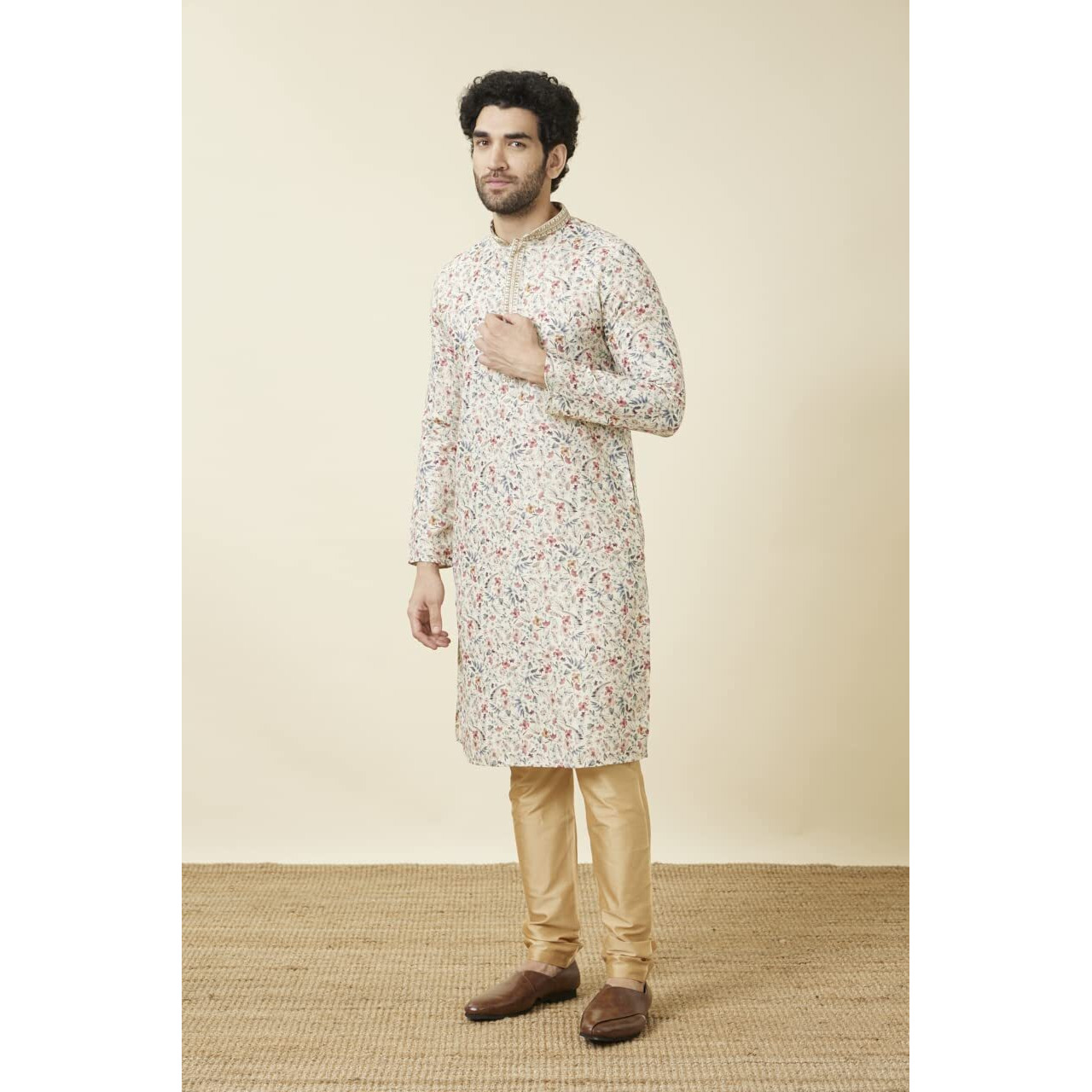 Manyavar Men's Cotton Printed Full Sleeves Knee Length Kurta Set (Beige, XL)