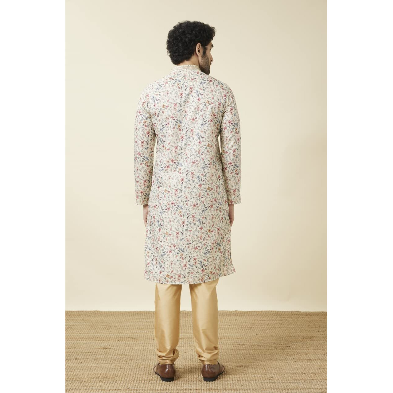 Manyavar Men's Cotton Printed Full Sleeves Knee Length Kurta Set (Beige, XL)