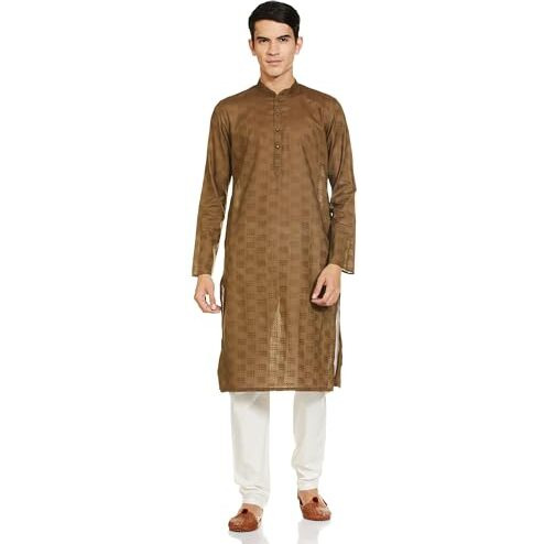 Manyavar Walnut Cotton Self Design Casual Kurta Set for Men
