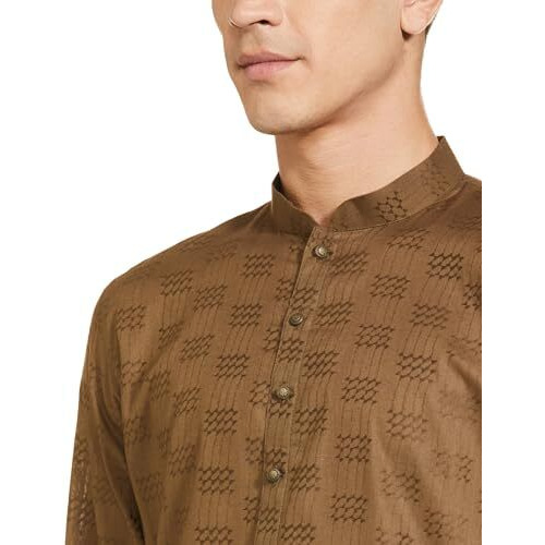 Manyavar Walnut Cotton Self Design Casual Kurta Set for Men